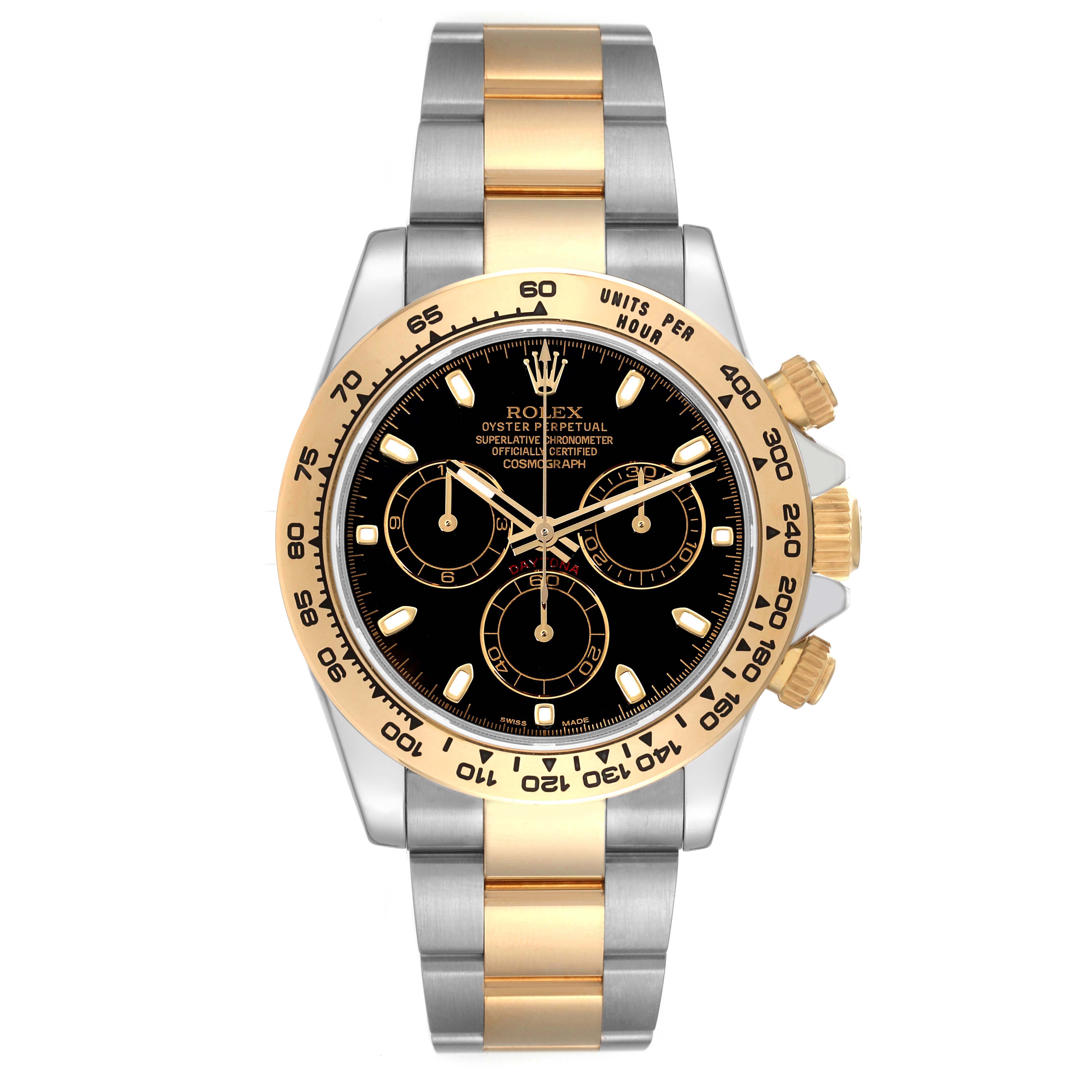 This image shows a front view of a Rolex Daytona 116503 Men's Steel and Gold (two tone) Black Dial 116503 Men's Steel and Gold (two tone) Black Dial watch, featuring a black dial, gold bezel, and a two-tone gold and silver bracelet.