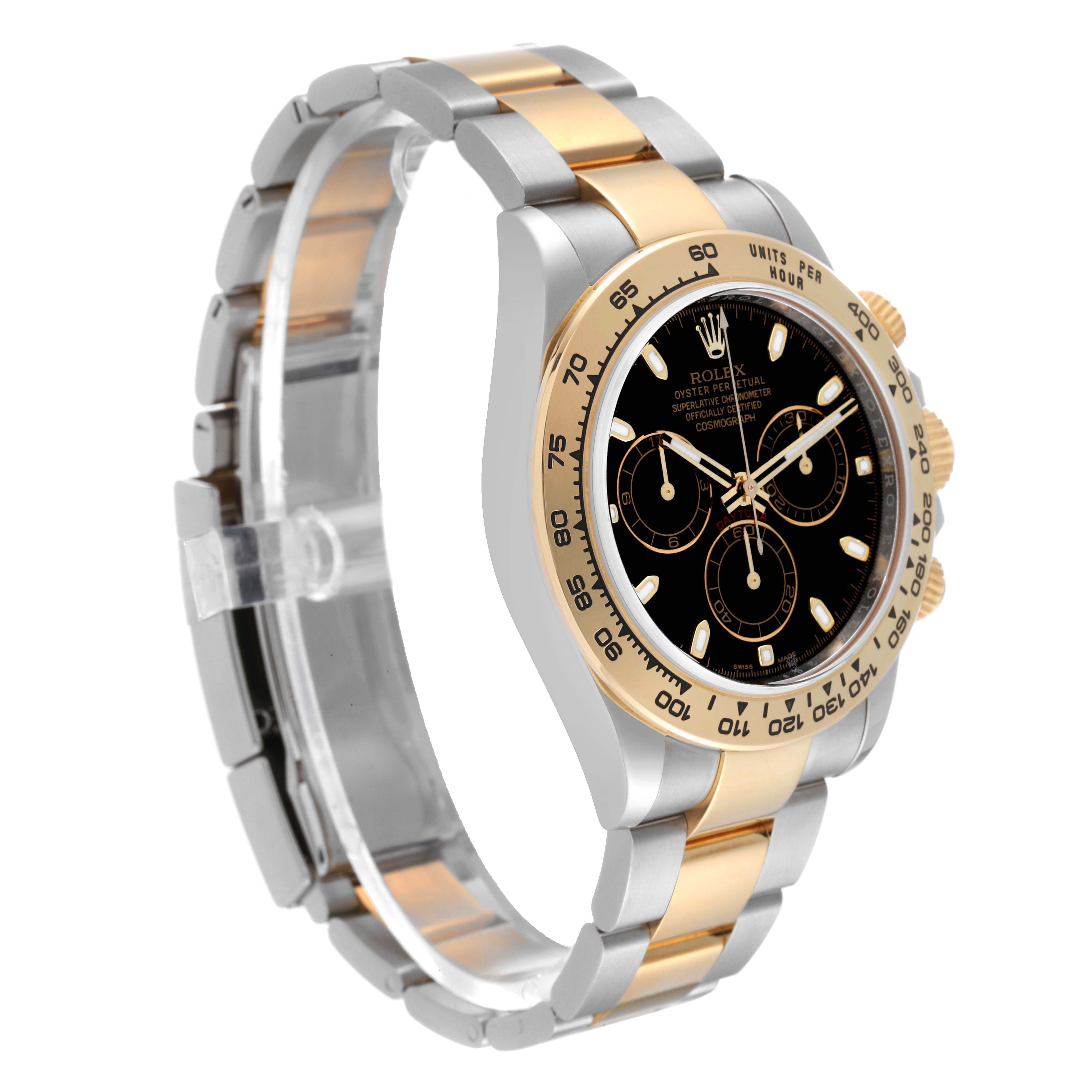 This image shows a side profile of a Rolex Daytona 116503 Men's Steel and Gold (two tone) Black Dial 116503 Men's Steel and Gold (two tone) Black Dial watch, featuring its bezel, dial, pushers, and two-tone bracelet.