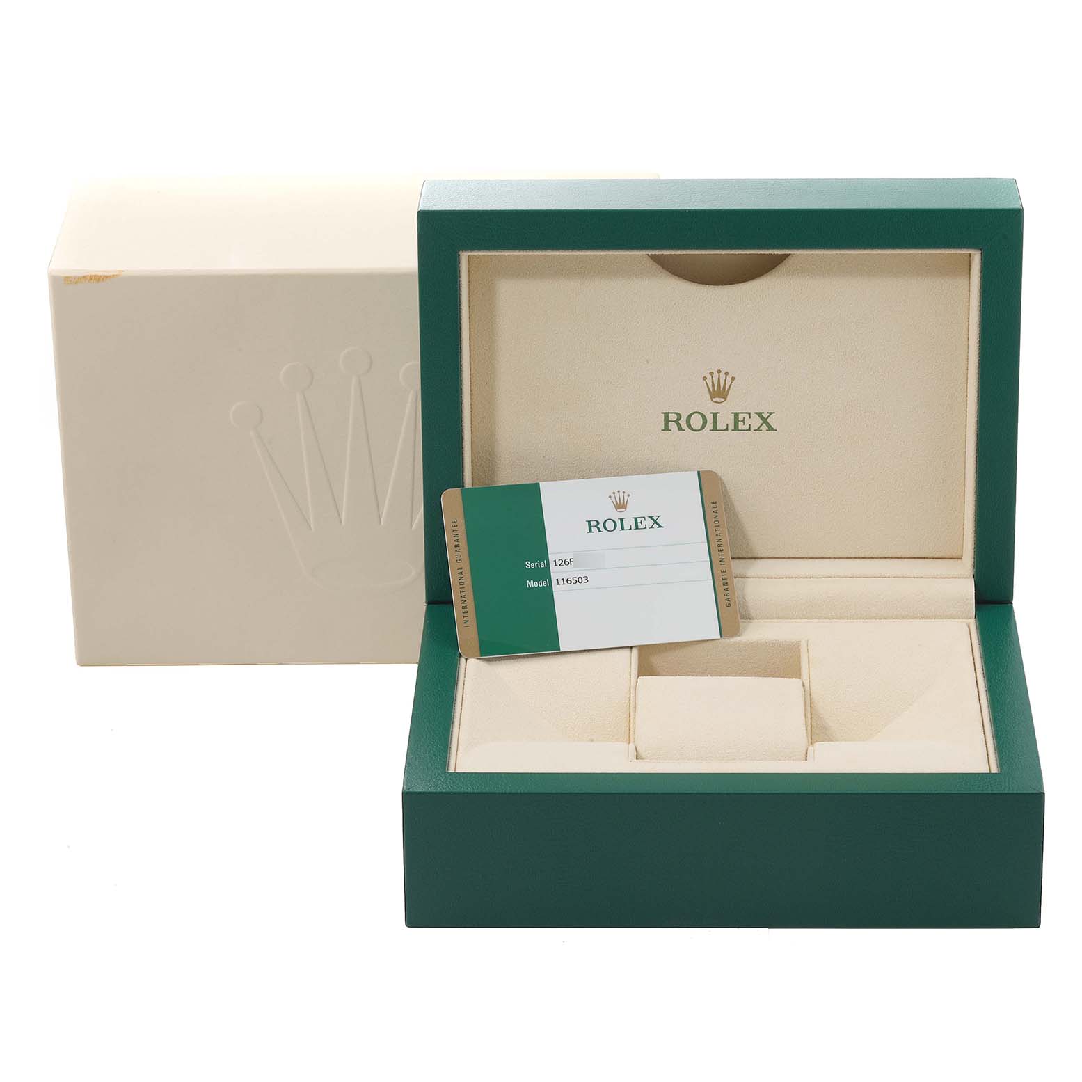 The image shows the box and warranty card for a Rolex Daytona 116503 Men's Steel and Gold (two tone) Black Dial 116503 Men's Steel and Gold (two tone) Black Dial watch.