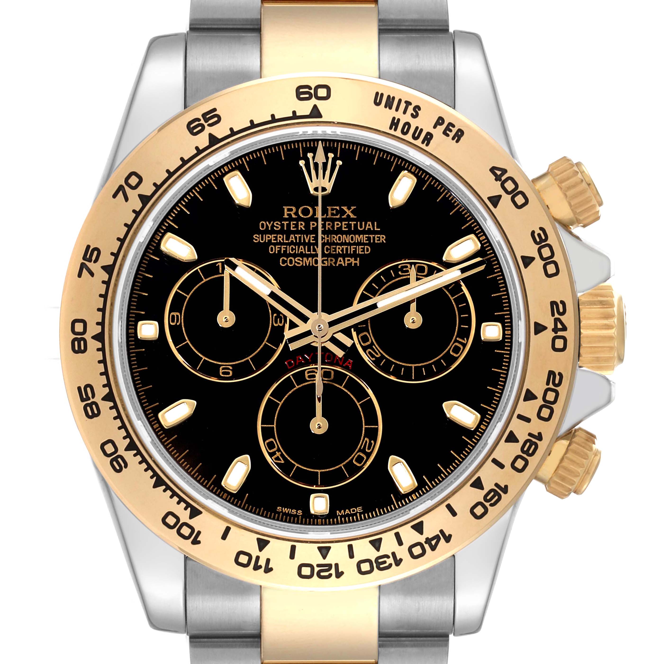 The image shows a front view of a Rolex Daytona 116503 Men's Steel and Gold (two tone) Black Dial 116503 Men's Steel and Gold (two tone) Black Dial watch, displaying the black dial, gold bezel, and chronograph subdials.