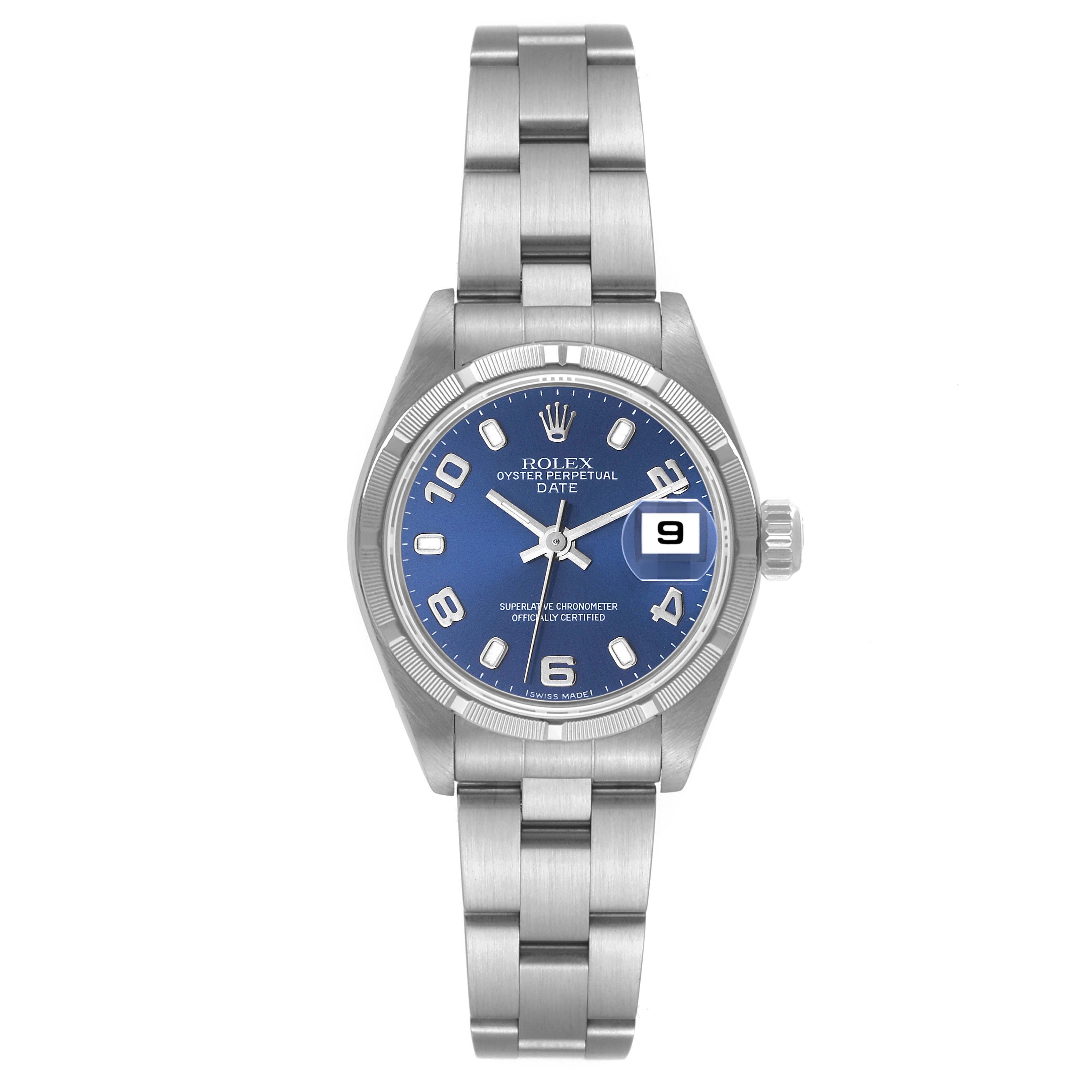 The image shows a Rolex Datejust 79190 Women's Stainless Steel Blue Dial 79190 Women's Stainless Steel Blue Dial watch from the front, displaying its face, bracelet, and crown.