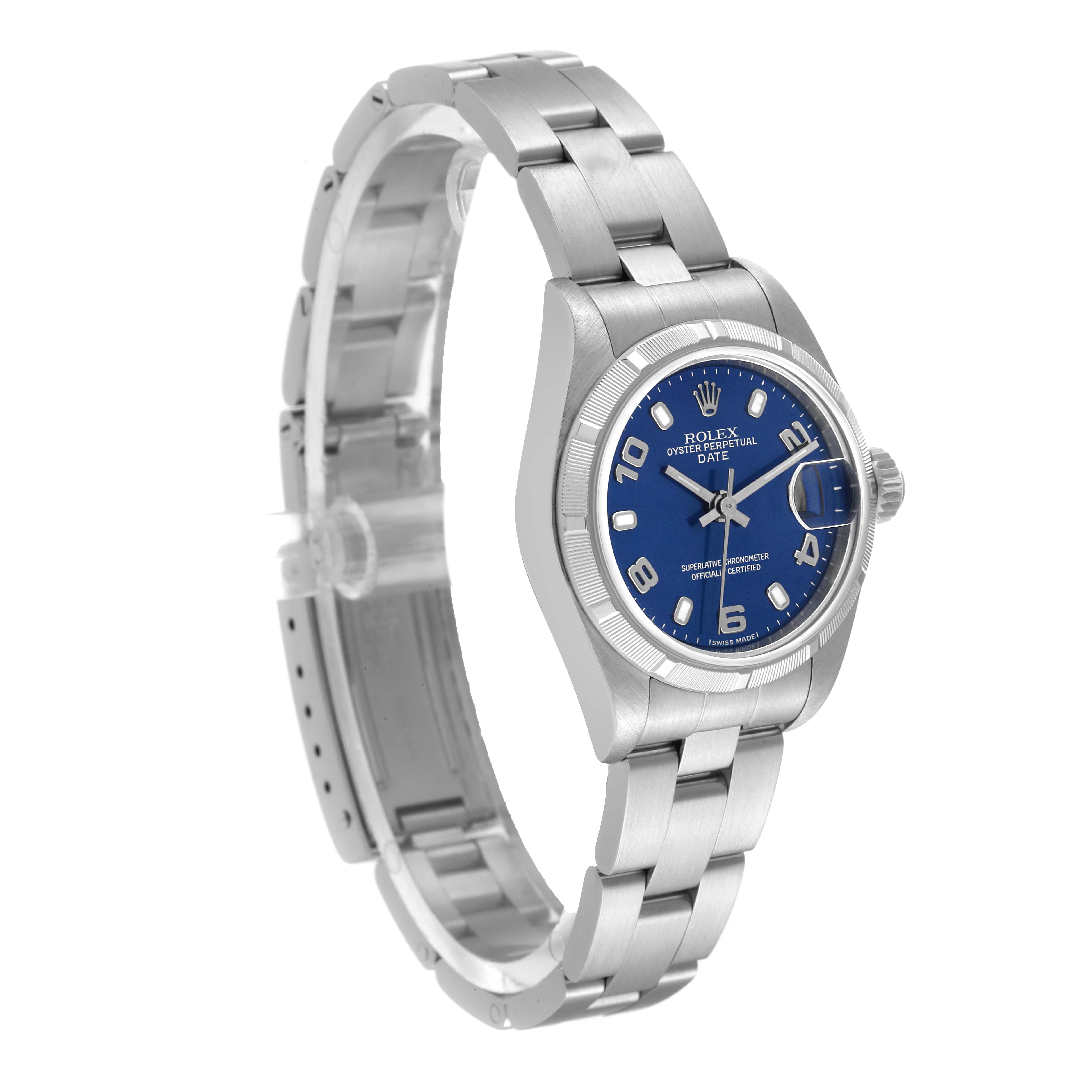 The Rolex Datejust 79190 Women's Stainless Steel Blue Dial 79190 Women's Stainless Steel Blue Dial model is shown from a front-left angle, displaying the dial, bracelet, and clasp.