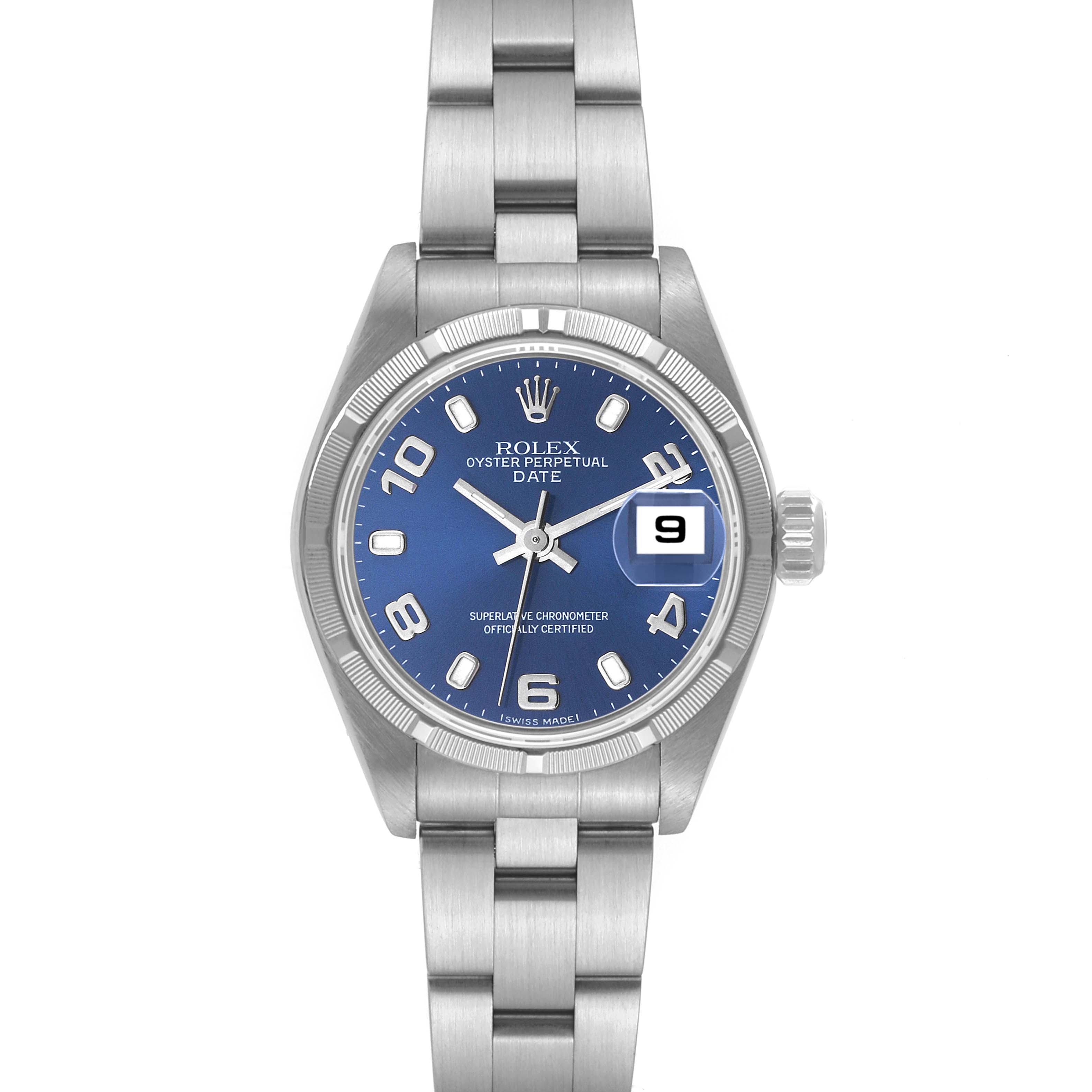 This Rolex Datejust 79190 Women's Stainless Steel Blue Dial 79190 Women's Stainless Steel Blue Dial watch is shown from a front view, displaying the blue dial, bracelet, case, and date window.
