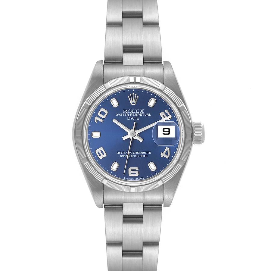 Rolex Date 26 Steel Engine Turned Bezel Blue Dial Ladies Watch 79190 SwissWatchExpo