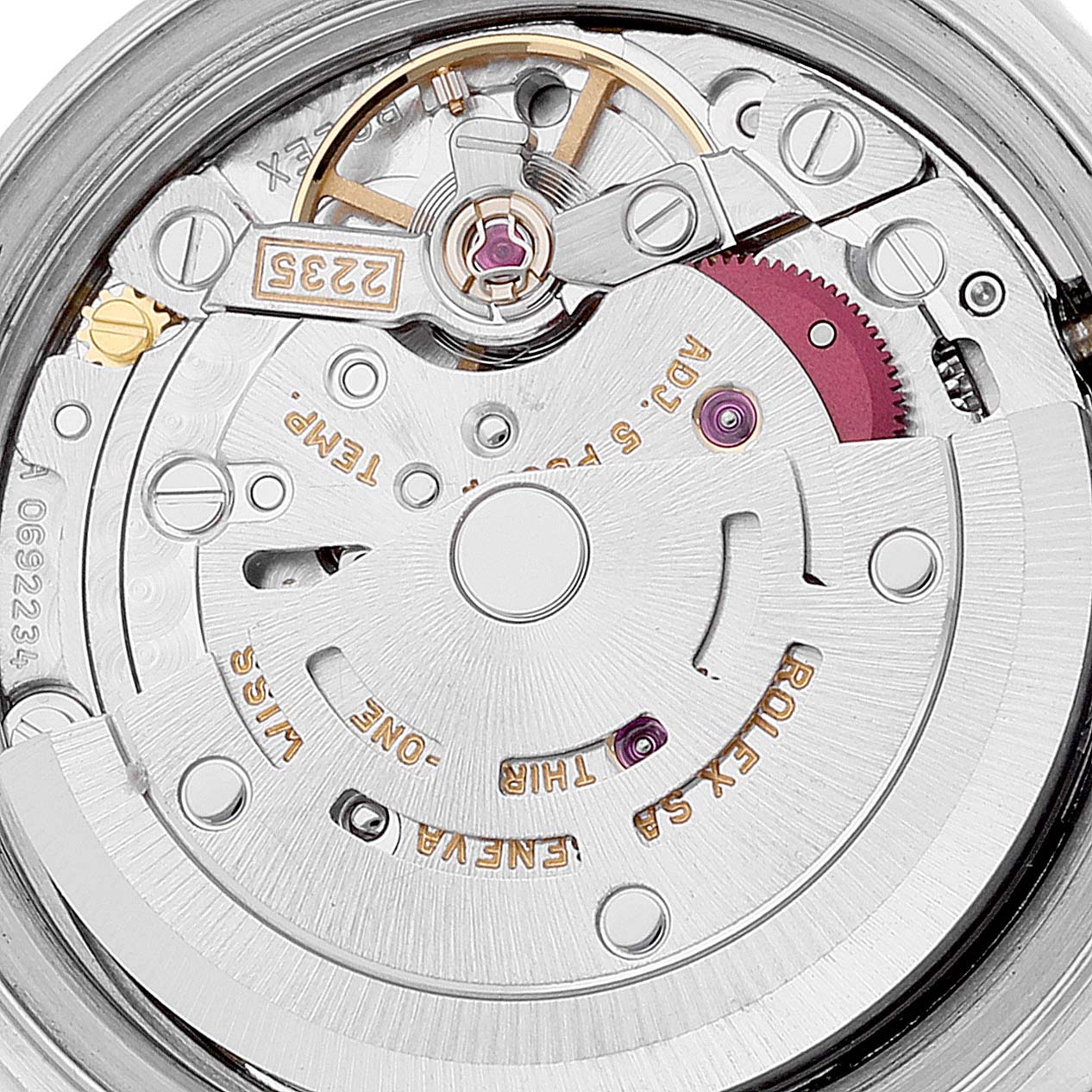 This image shows the intricate inner mechanism of a Rolex Datejust 79190 Women's Stainless Steel Blue Dial 79190 Women's Stainless Steel Blue Dial watch, highlighting the movement and components.