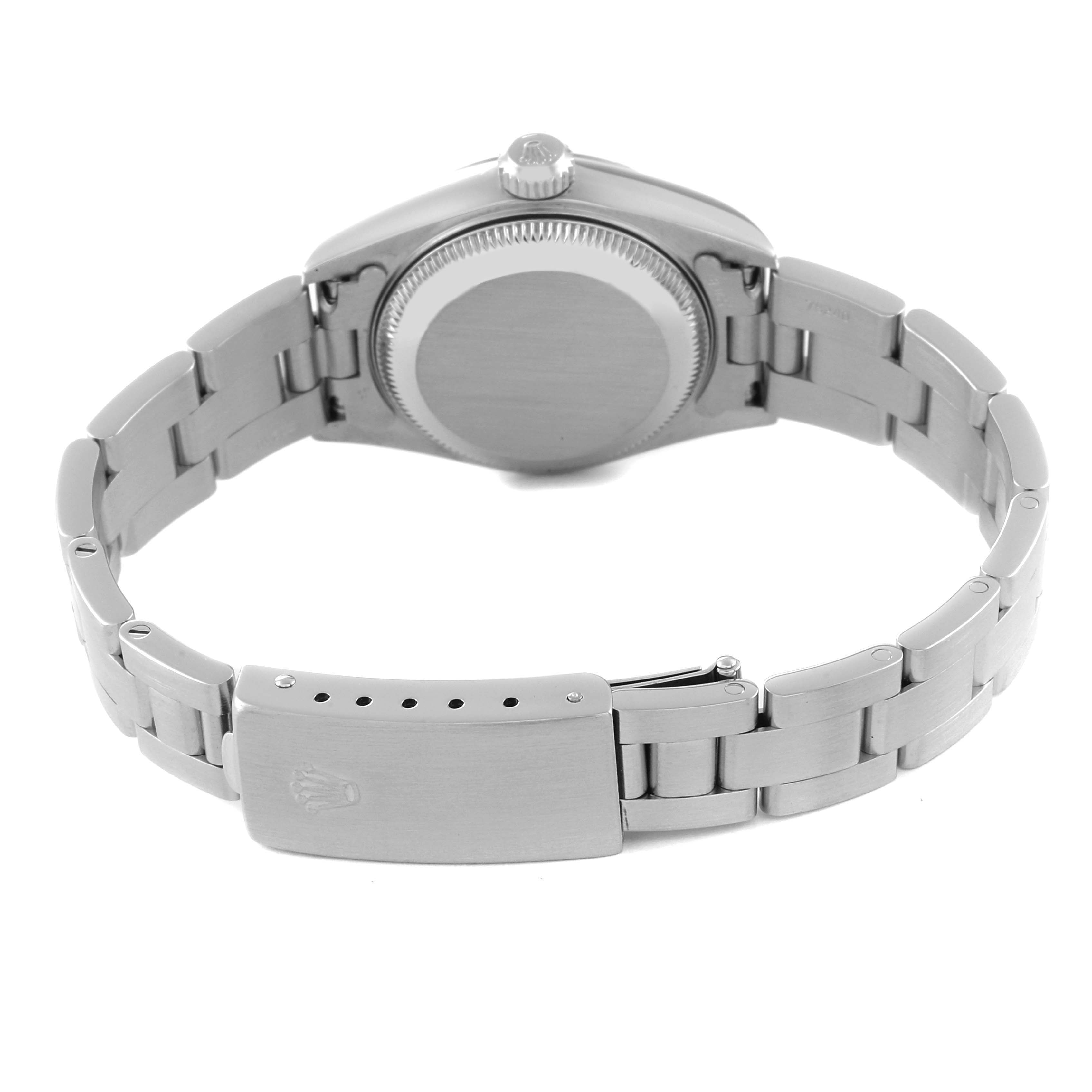 This image shows the back, crown, and bracelet clasp of a Rolex Datejust 79190 Women's Stainless Steel Blue Dial 79190 Women's Stainless Steel Blue Dial watch.