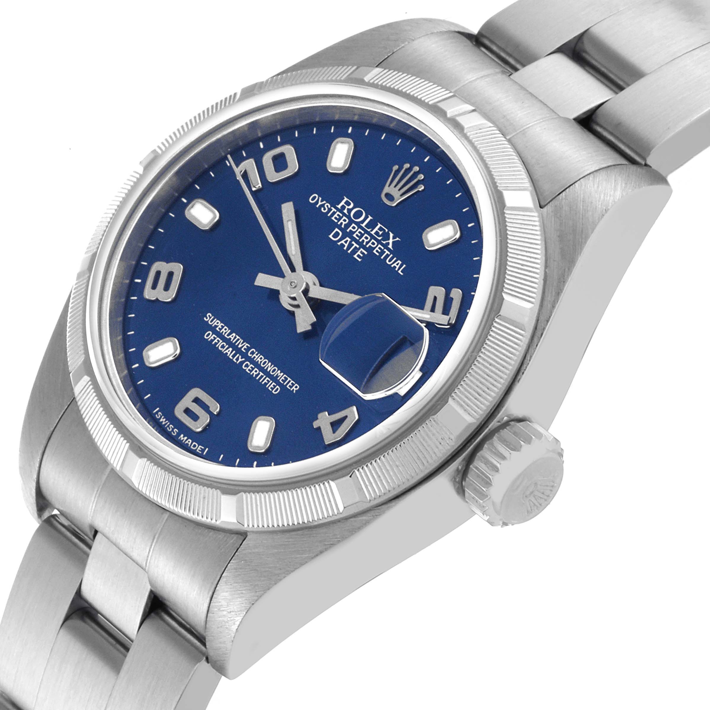 The image shows a Rolex Datejust 79190 Women's Stainless Steel Blue Dial 79190 Women's Stainless Steel Blue Dial watch at an oblique angle, highlighting the dial, crown, and bracelet.