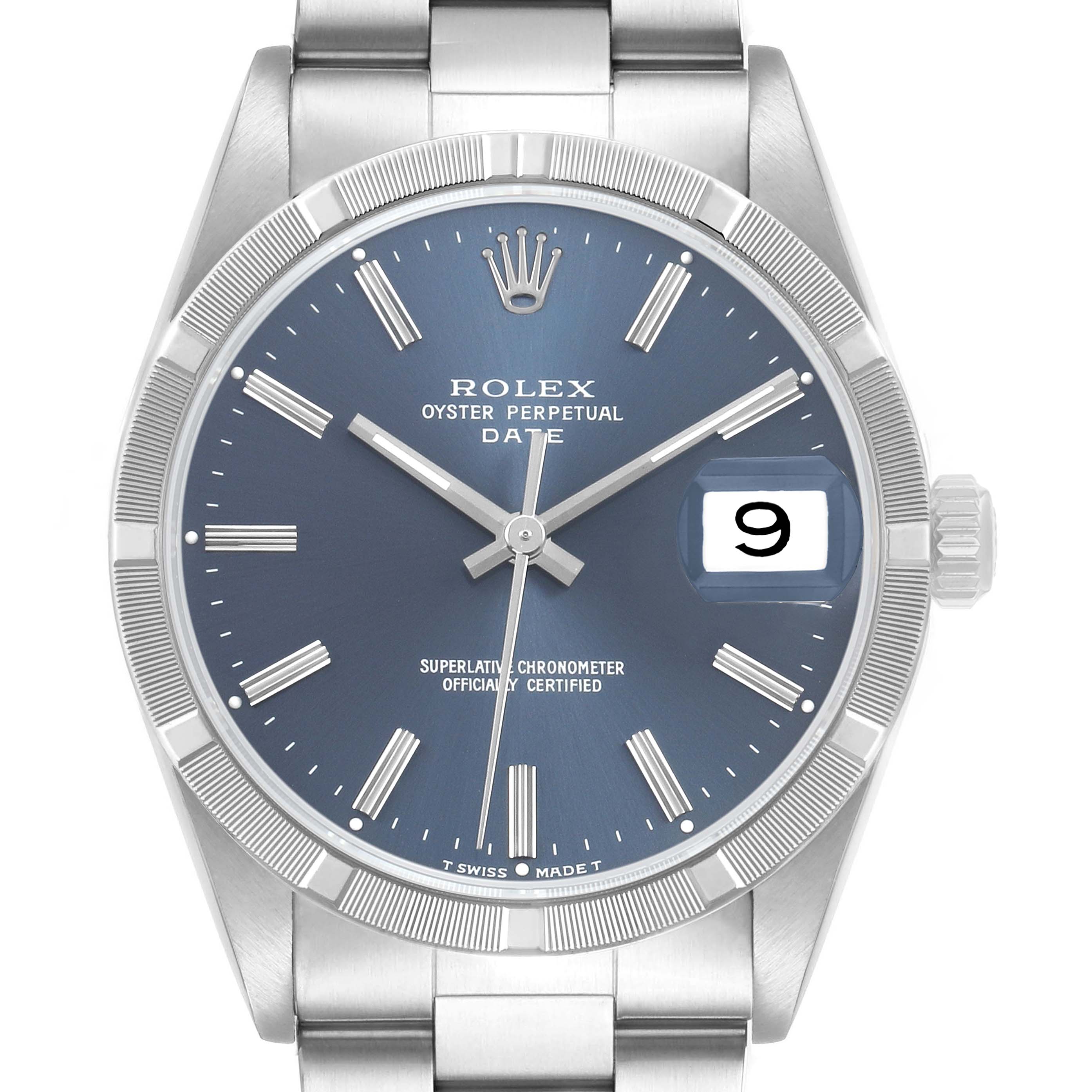 The image shows a front view of the Rolex Date 15210 Men's Stainless Steel Blue Dial model, highlighting the dial, bezel, hands, and date window.