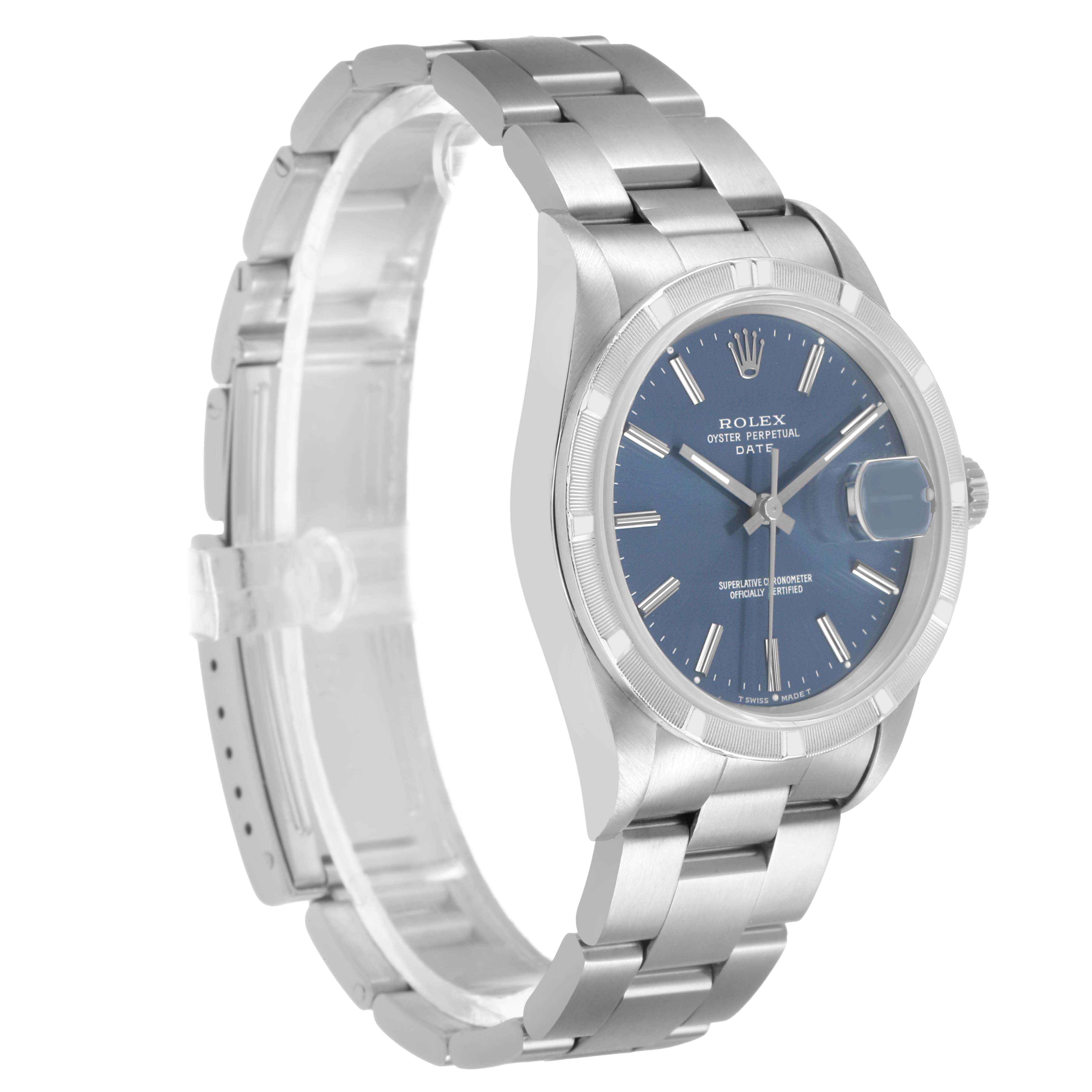 The Rolex Date 15210 Men's Stainless Steel Blue Dial watch is angled to show the face, side profile, bracelet, and clasp.