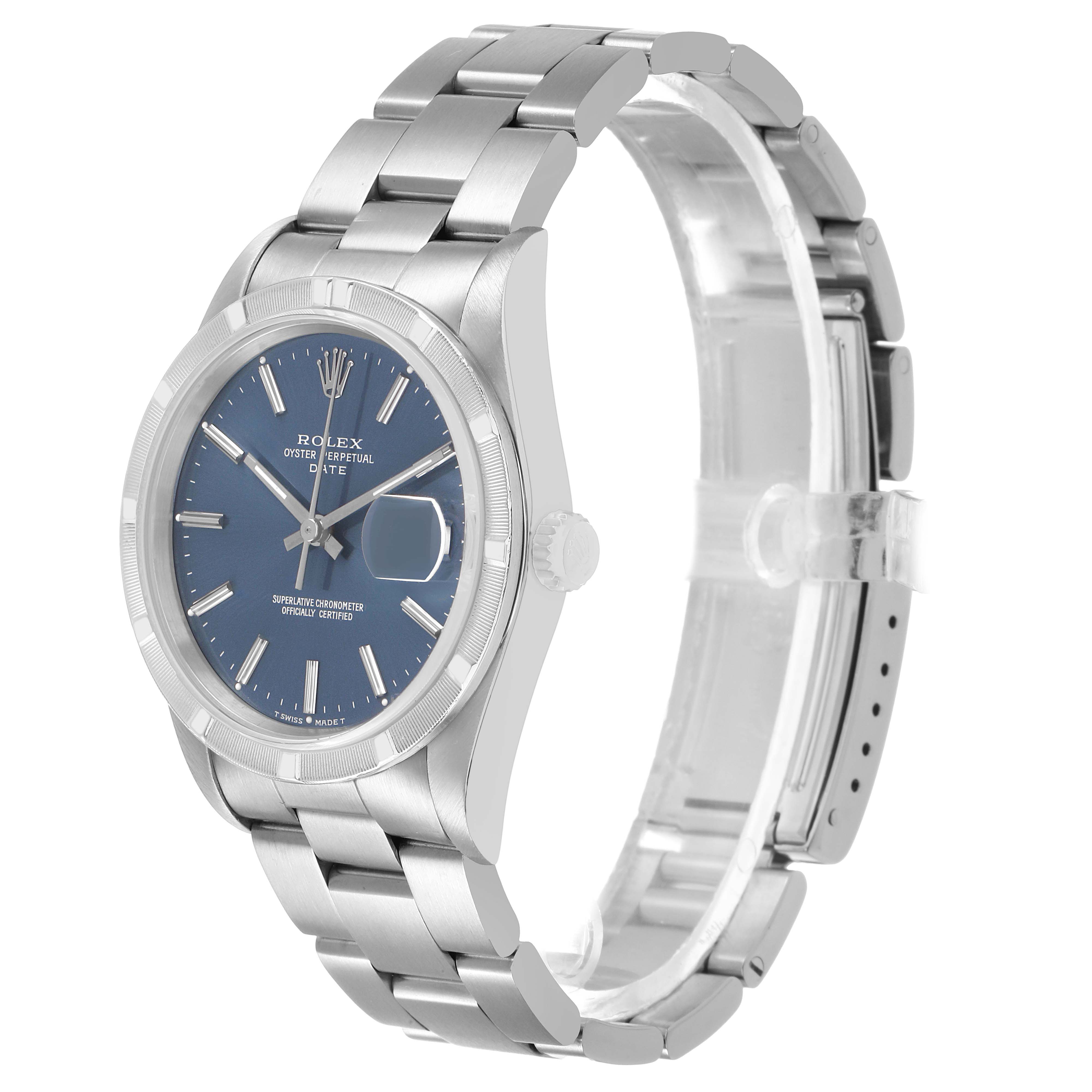 The Rolex Date 15210 Men's Stainless Steel Blue Dial watch is shown at a slight side angle, highlighting the face, bezel, crown, and part of the bracelet.