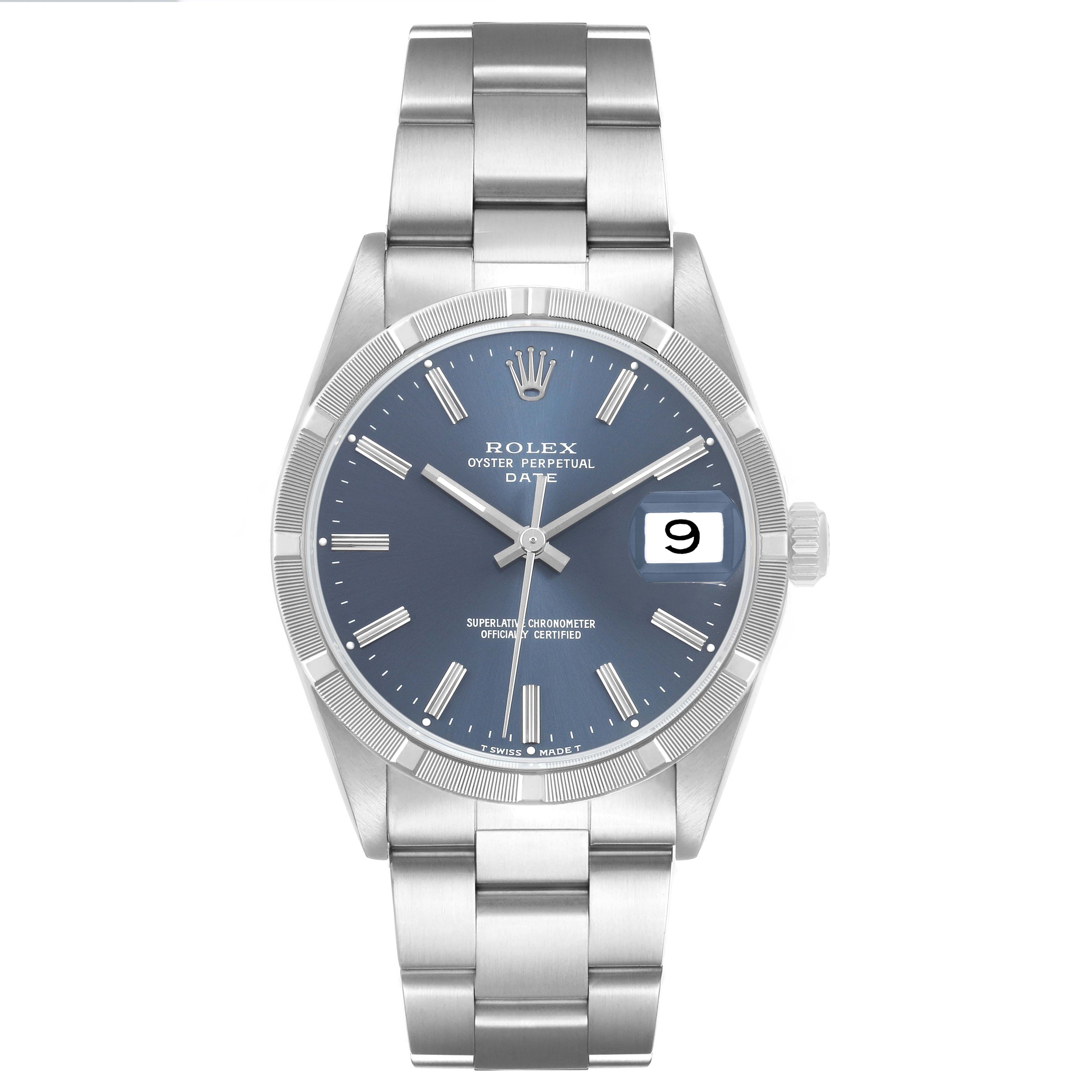 The Rolex Date 15210 Men's Stainless Steel Blue Dial watch is shown from the front, highlighting the bezel, dial, hands, and date window.