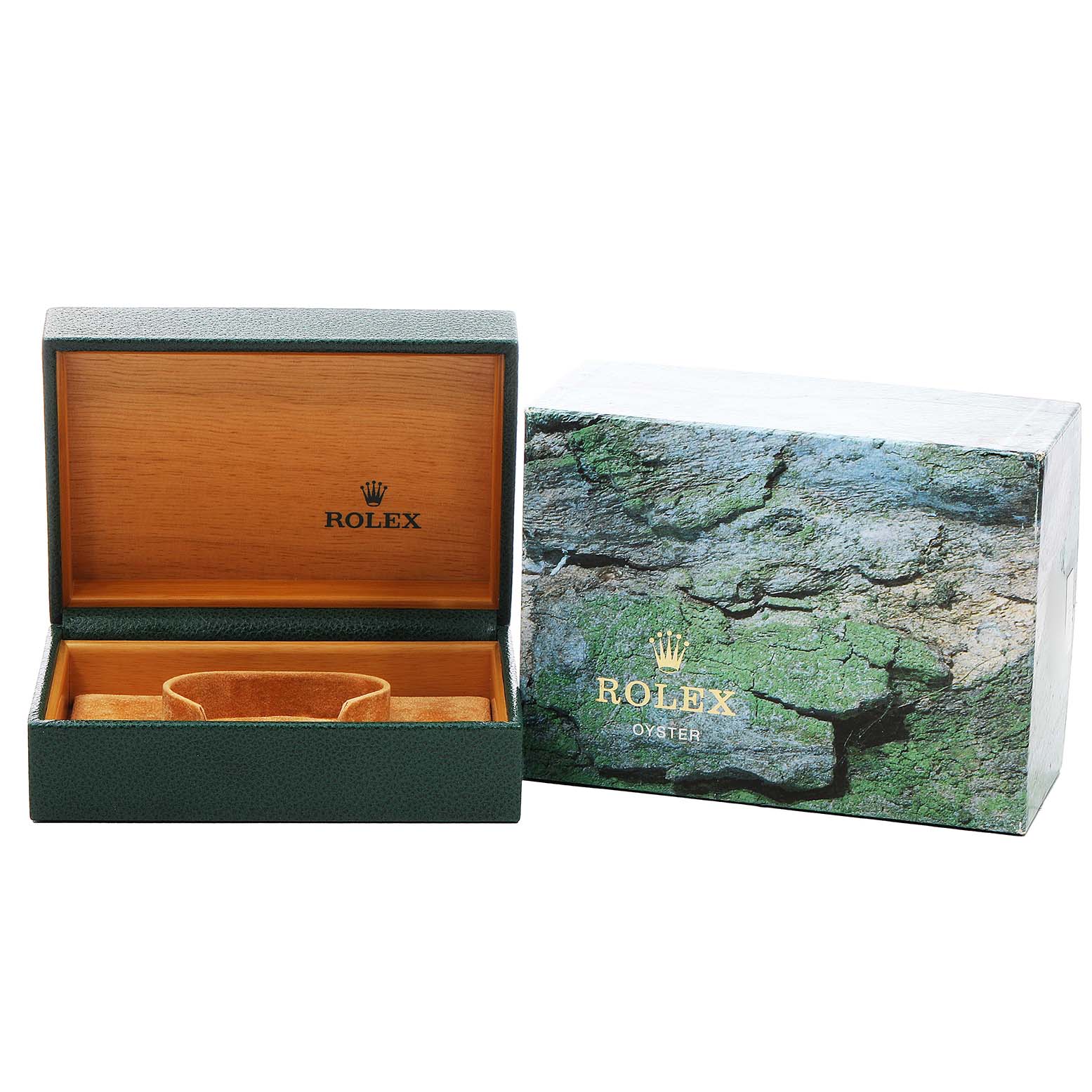 The image shows a Rolex Date 15210 Men's Stainless Steel Blue Dial model watch box set, including an open green textured case and its matching outer box.