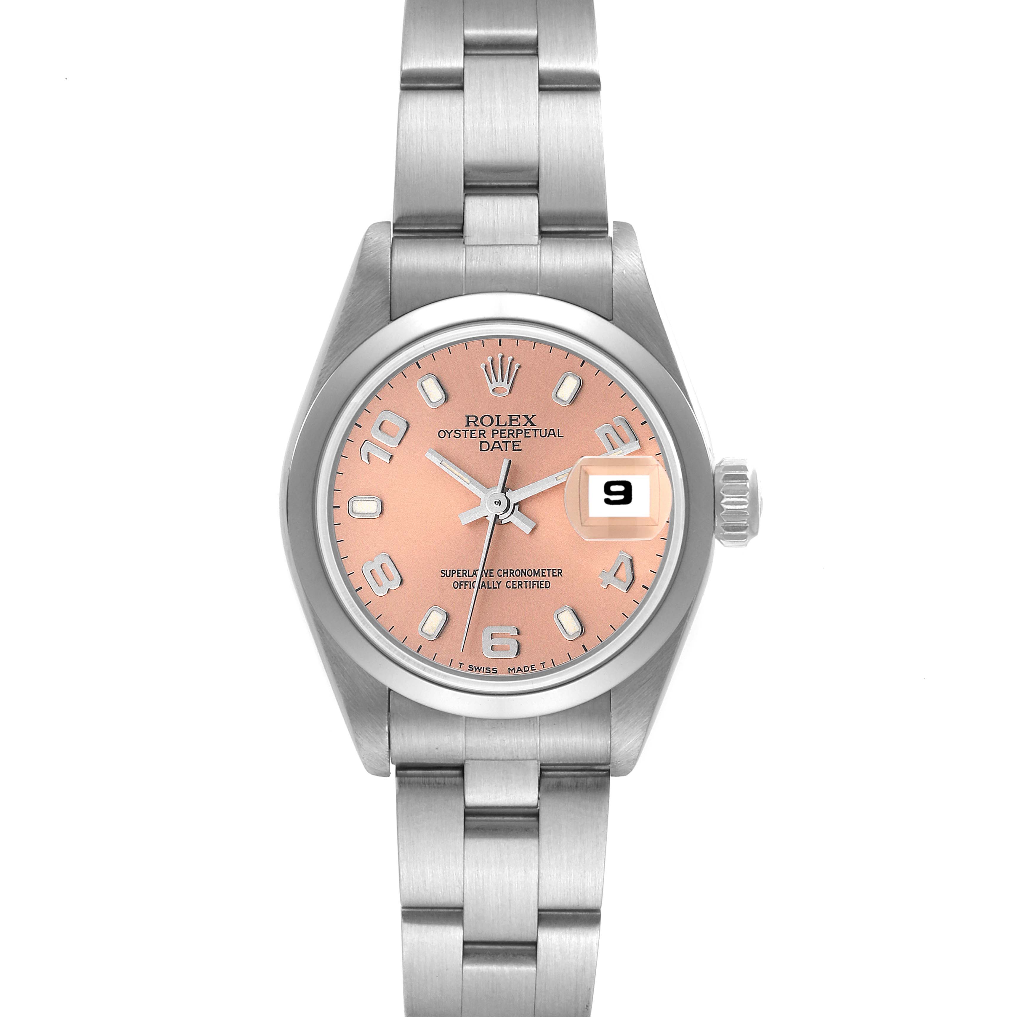 This image displays a front view of a Rolex Oyster Perpetual Date watch, featuring a stainless steel bracelet and a salmon-colored dial.