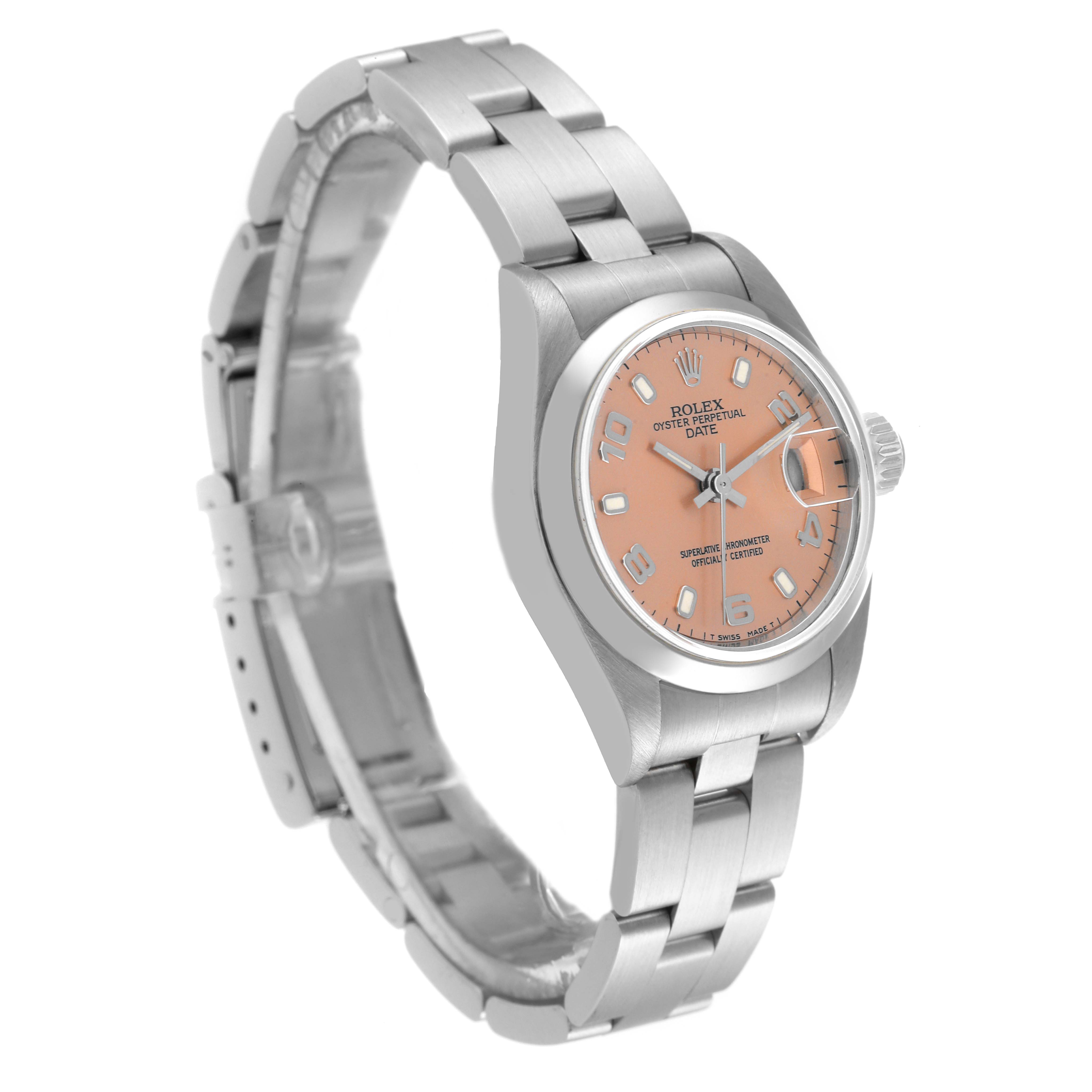 The image shows a Rolex Date 69160 Women's Stainless Steel Pink Dial 69160 Women's Stainless Steel Pink Dial model watch angled to display its face, bracelet, clasp, and side profile.