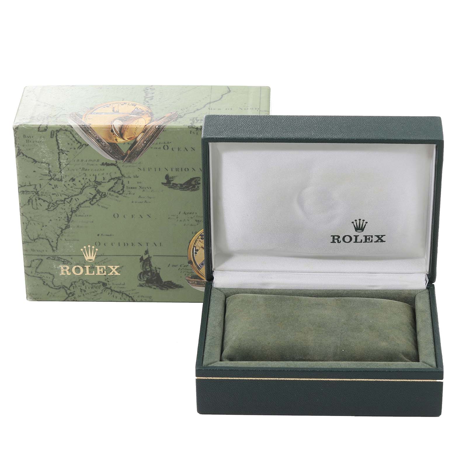 This image shows the open box and outer packaging for the Rolex Date 69160 Women's Stainless Steel Pink Dial 69160 Women's Stainless Steel Pink Dial model watch.