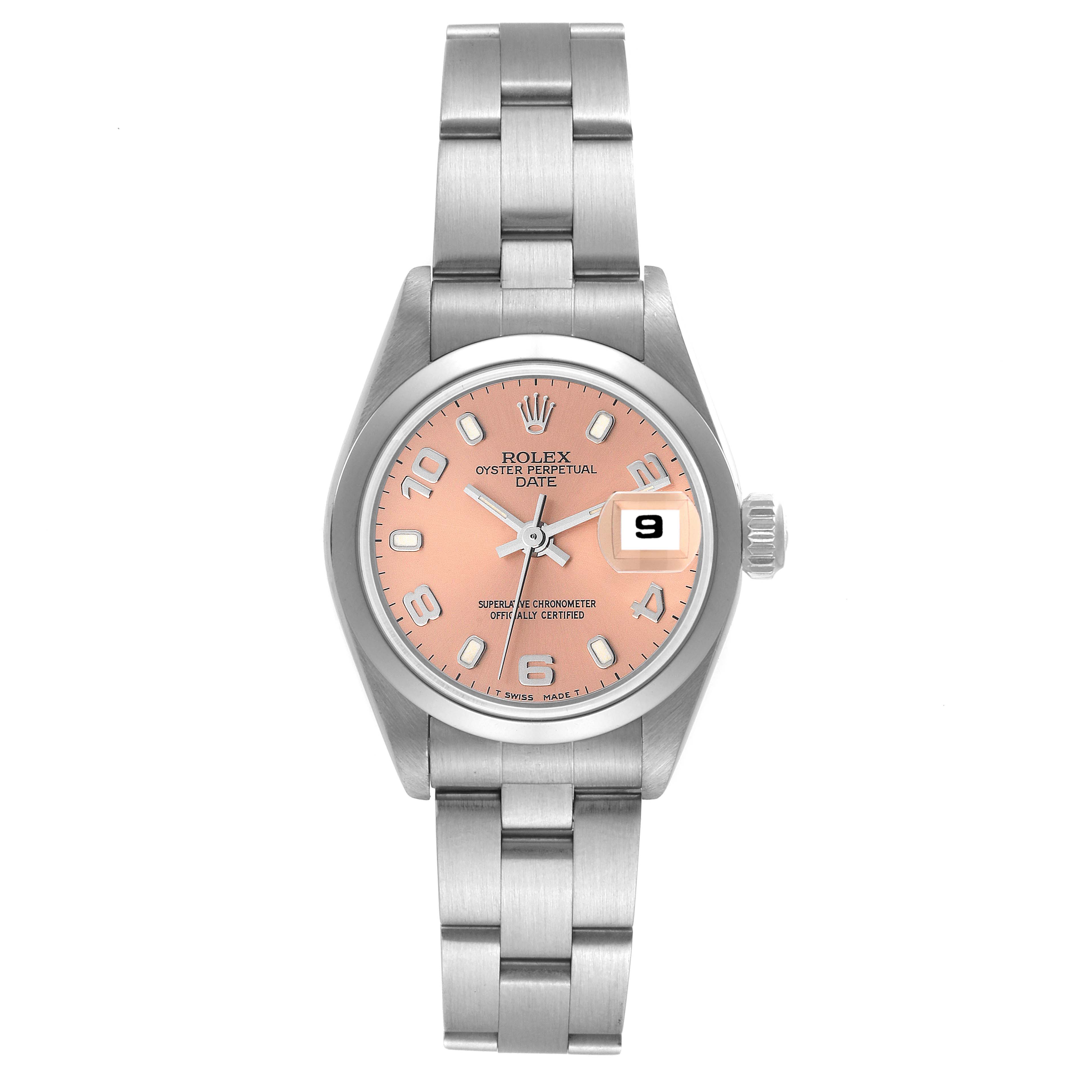 The image shows a Rolex Date 69160 Women's Stainless Steel Pink Dial 69160 Women's Stainless Steel Pink Dial model watch with a pink dial, displaying the face, bracelet, and date window at the 3 o'clock position.