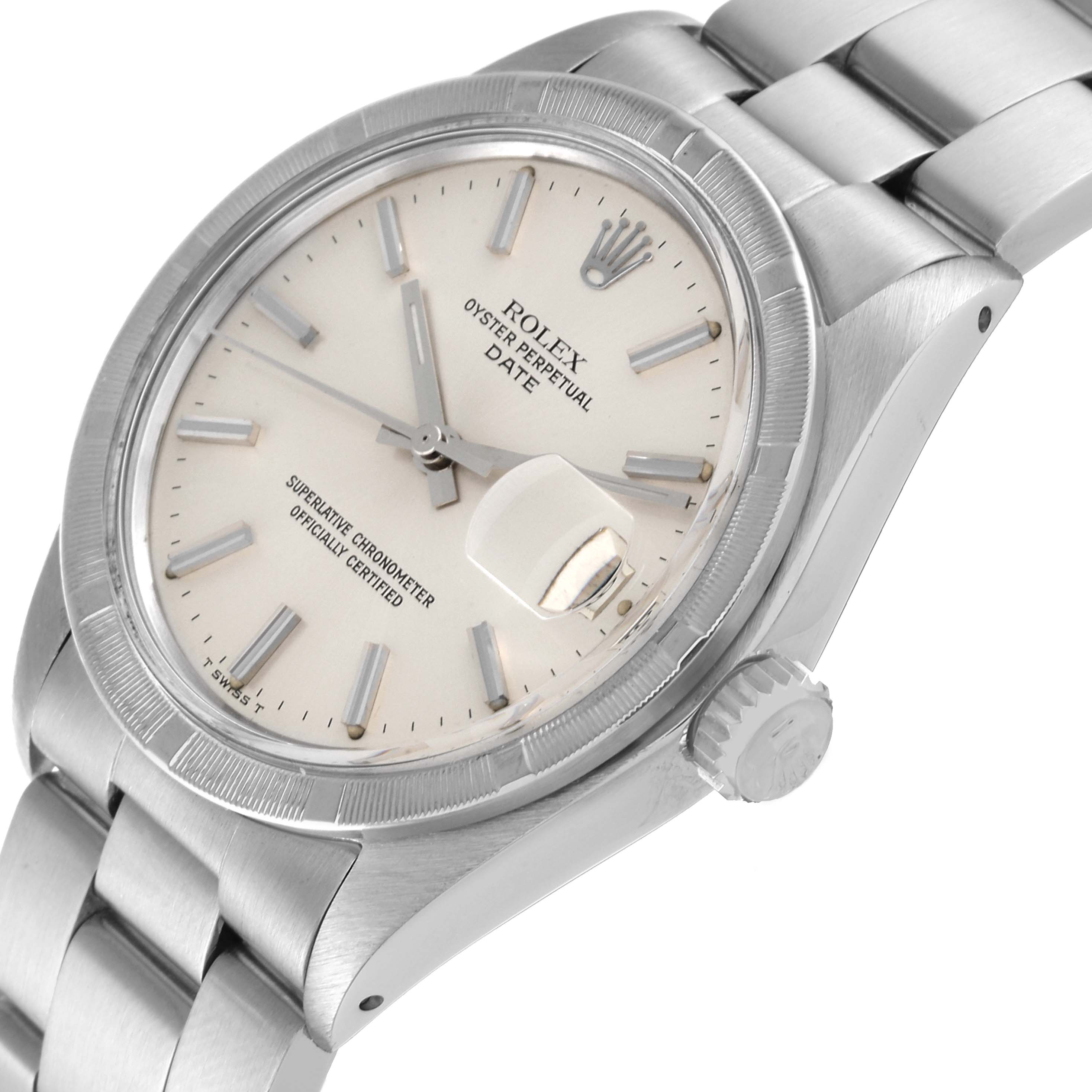 The Rolex Vintage Collection 1501 Men's Stainless Steel Silver Dial 1501 Men's Stainless Steel Silver Dial watch is shown from a tilted angle, displaying the face, crown, and part of the bracelet.