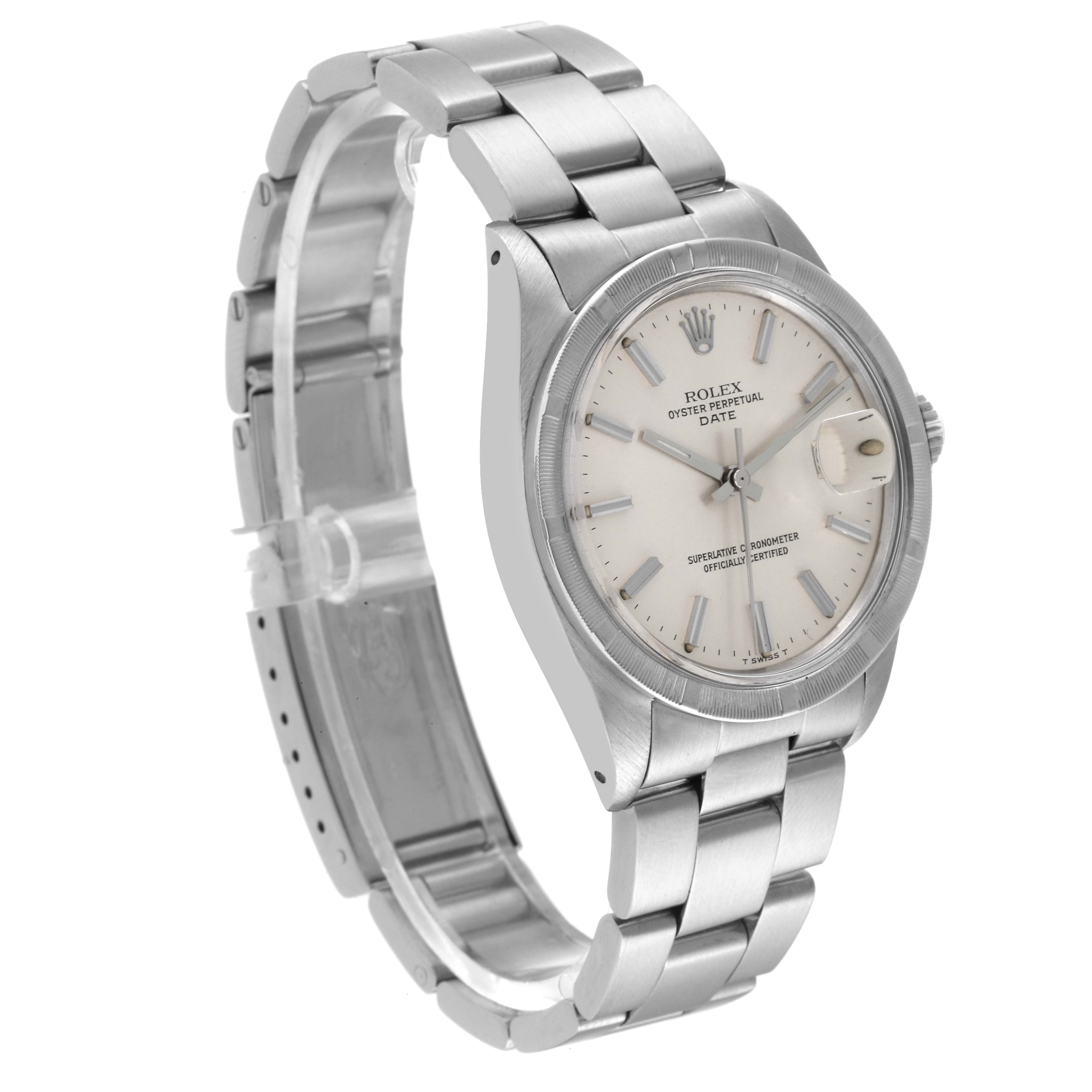 This image shows a Rolex Vintage Collection 1501 Men's Stainless Steel Silver Dial 1501 Men's Stainless Steel Silver Dial model watch from a three-quarter angle, highlighting the face, bezel, and metal bracelet.