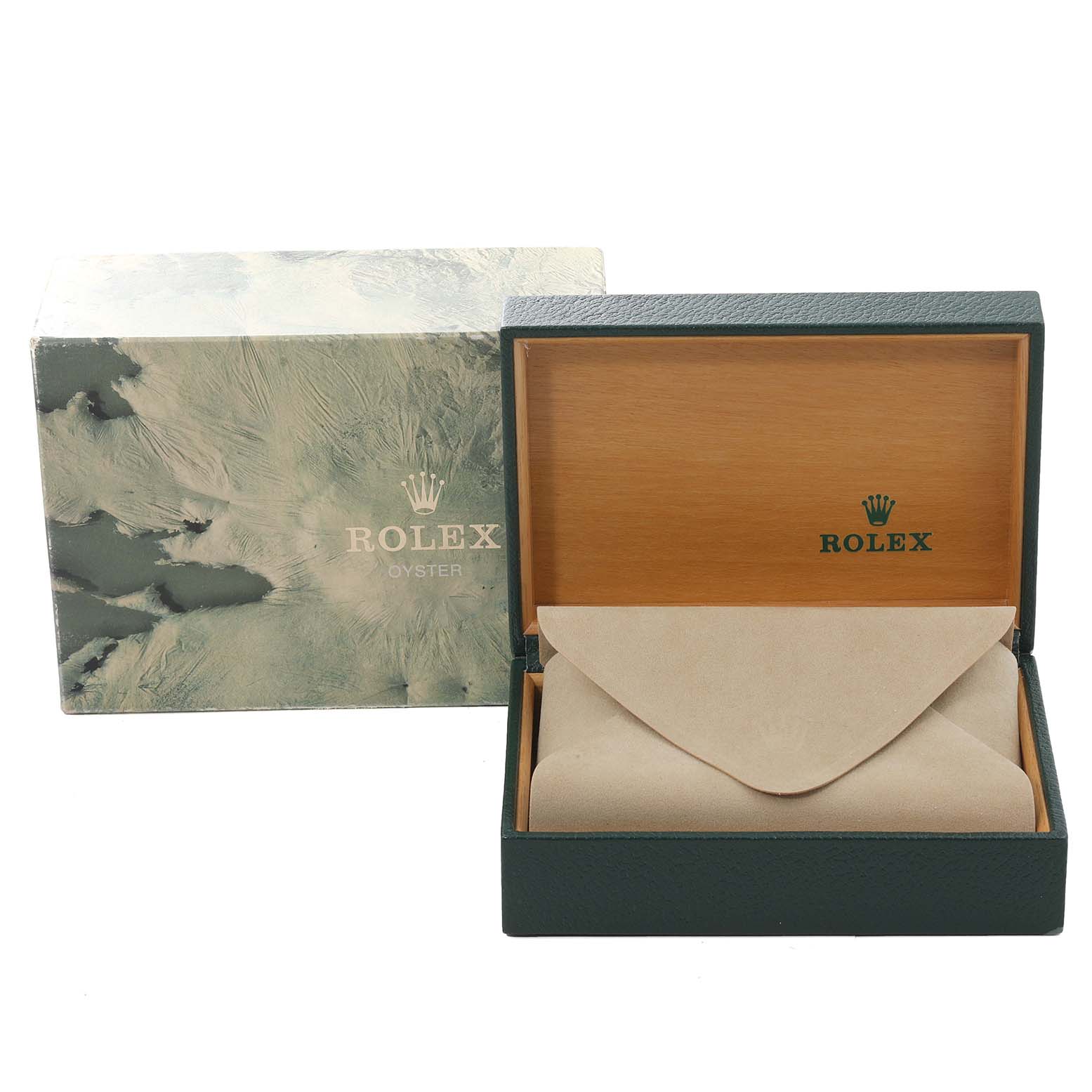 The image shows the packaging and storage box for a Rolex Vintage Collection 1501 Men's Stainless Steel Silver Dial 1501 Men's Stainless Steel Silver Dial watch, including the outer and inner box.