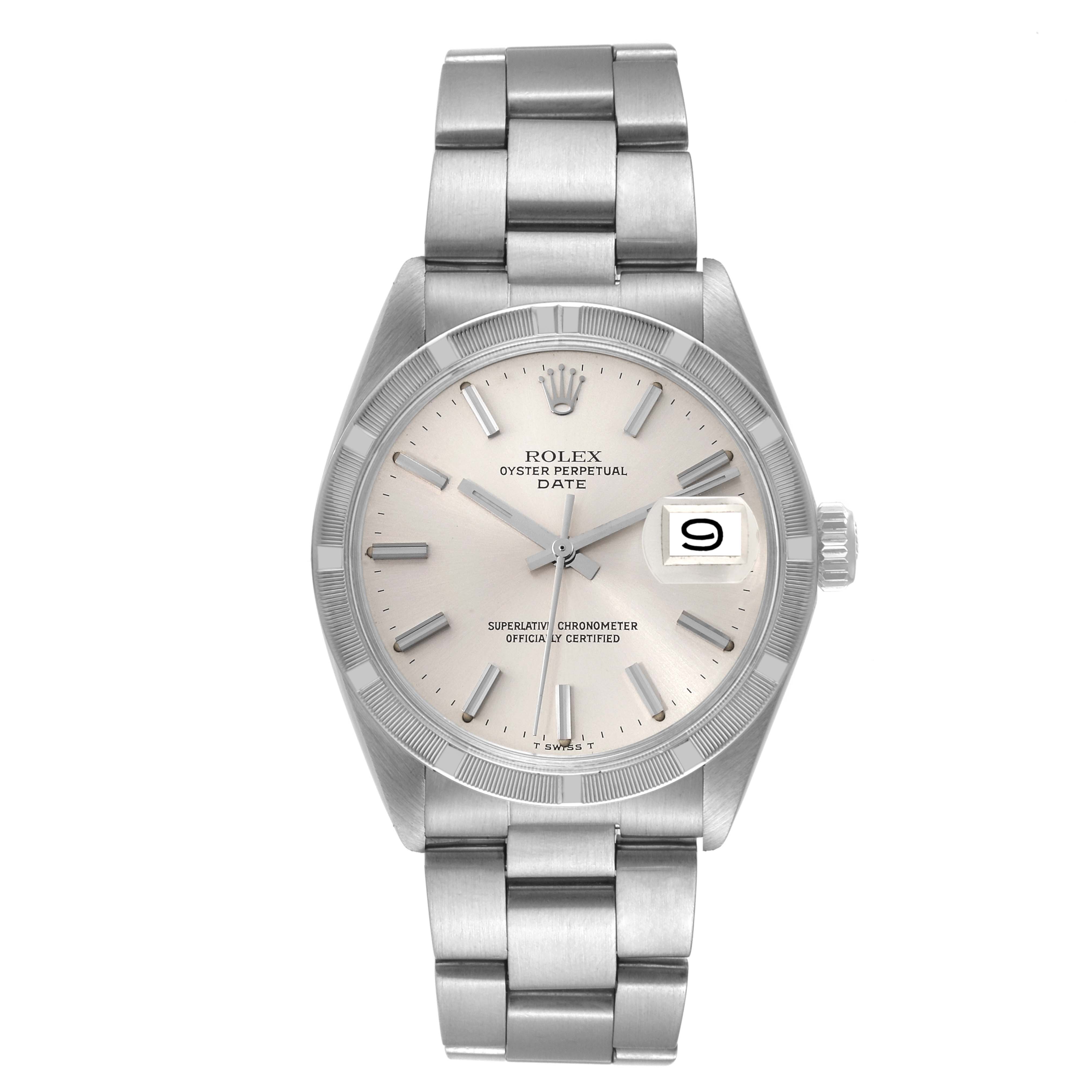 The image shows the front view of a Rolex Vintage Collection 1501 Men's Stainless Steel Silver Dial 1501 Men's Stainless Steel Silver Dial Oyster Perpetual Date watch, displaying its dial, bezel, and bracelet.
