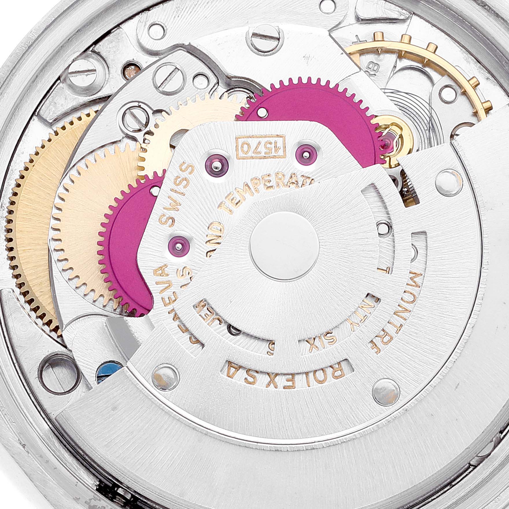 The image shows the internal mechanical movement of a Rolex Vintage Collection 1501 Men's Stainless Steel Silver Dial 1501 Men's Stainless Steel Silver Dial watch, highlighting gears and components.