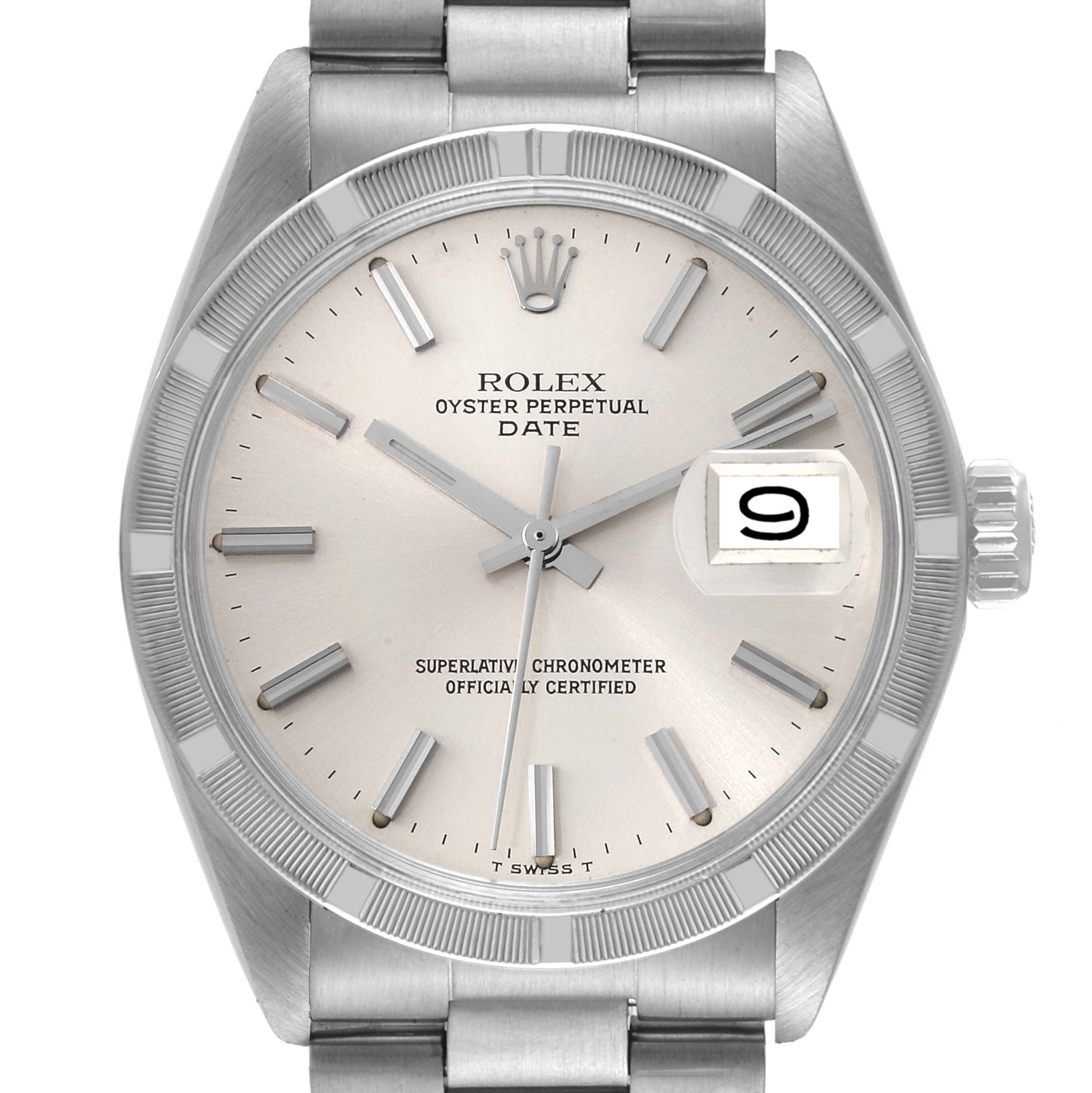 The Rolex Vintage Collection 1501 Men's Stainless Steel Silver Dial 1501 Men's Stainless Steel Silver Dial model is shown from a front angle, highlighting the dial, hands, date window, and part of the bracelet.