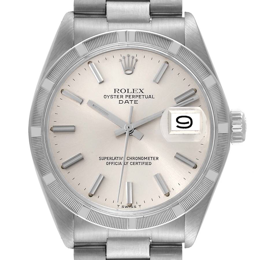 Rolex Date Silver Dial Engine Turned Bezel Vintage Steel Mens Watch 1501 SwissWatchExpo