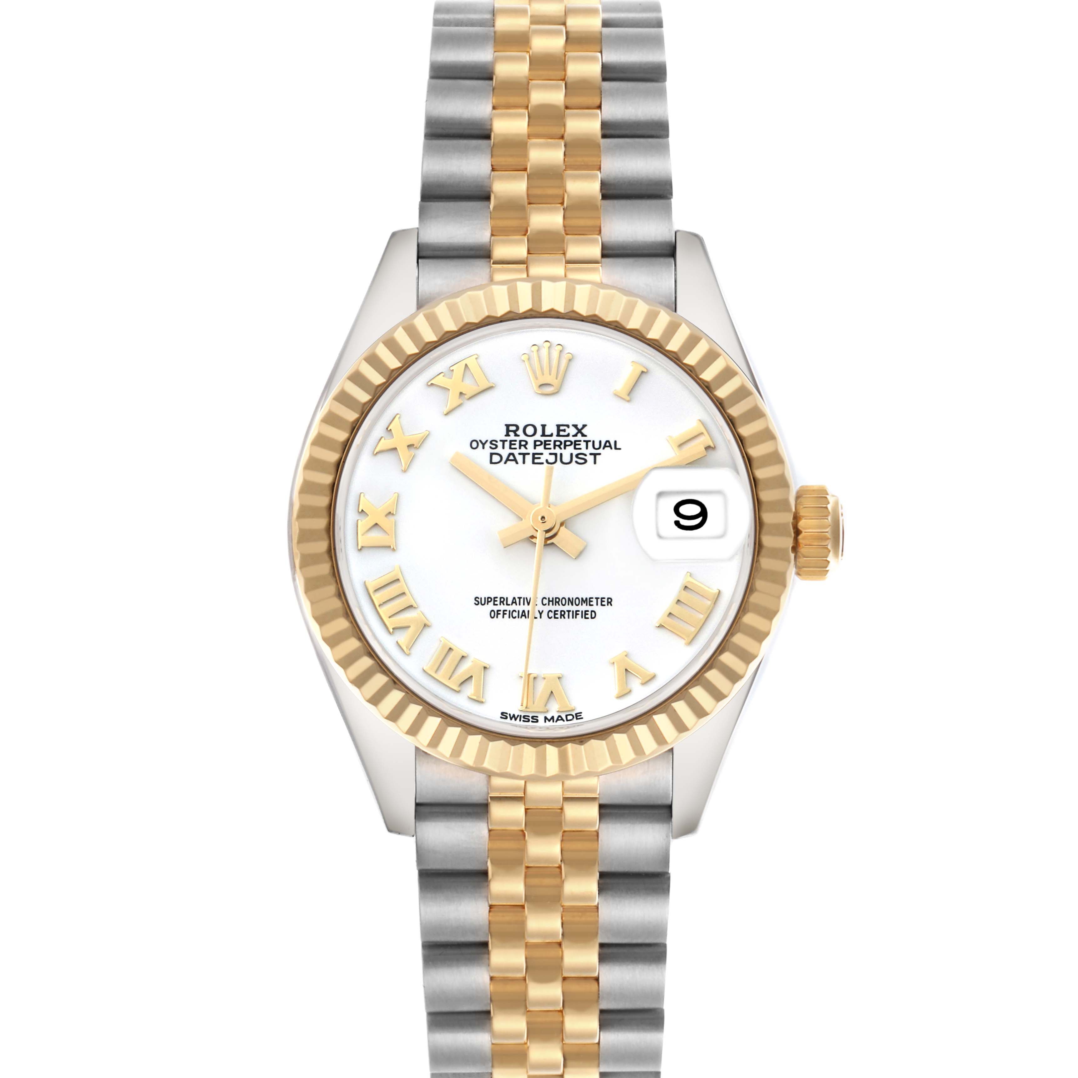 The Rolex Datejust 279173 Women
s Steel and Gold (two tone) White Dial 279173 Women
s Steel and Gold (two tone) White Dial watch is shown from the front, featuring a two-tone bracelet, fluted bezel, white dial with gold Roman numerals, and date window.