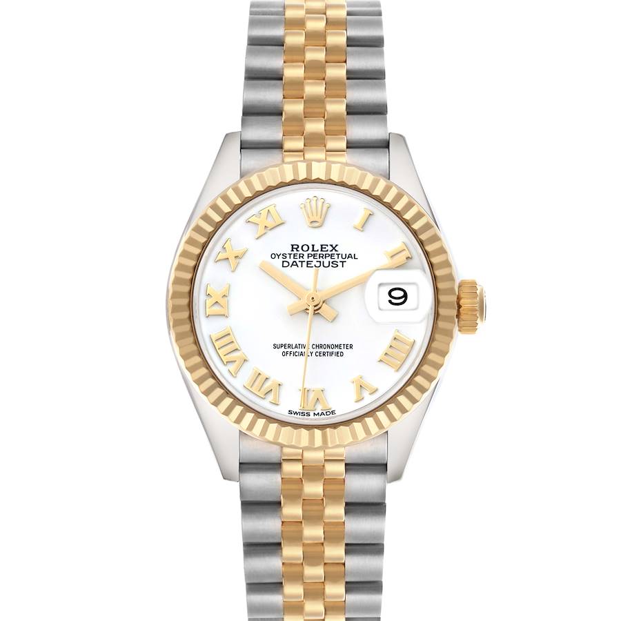The Rolex Datejust watch is shown from the front, featuring a two-tone bracelet, fluted bezel, white dial with gold Roman numerals, and date window.