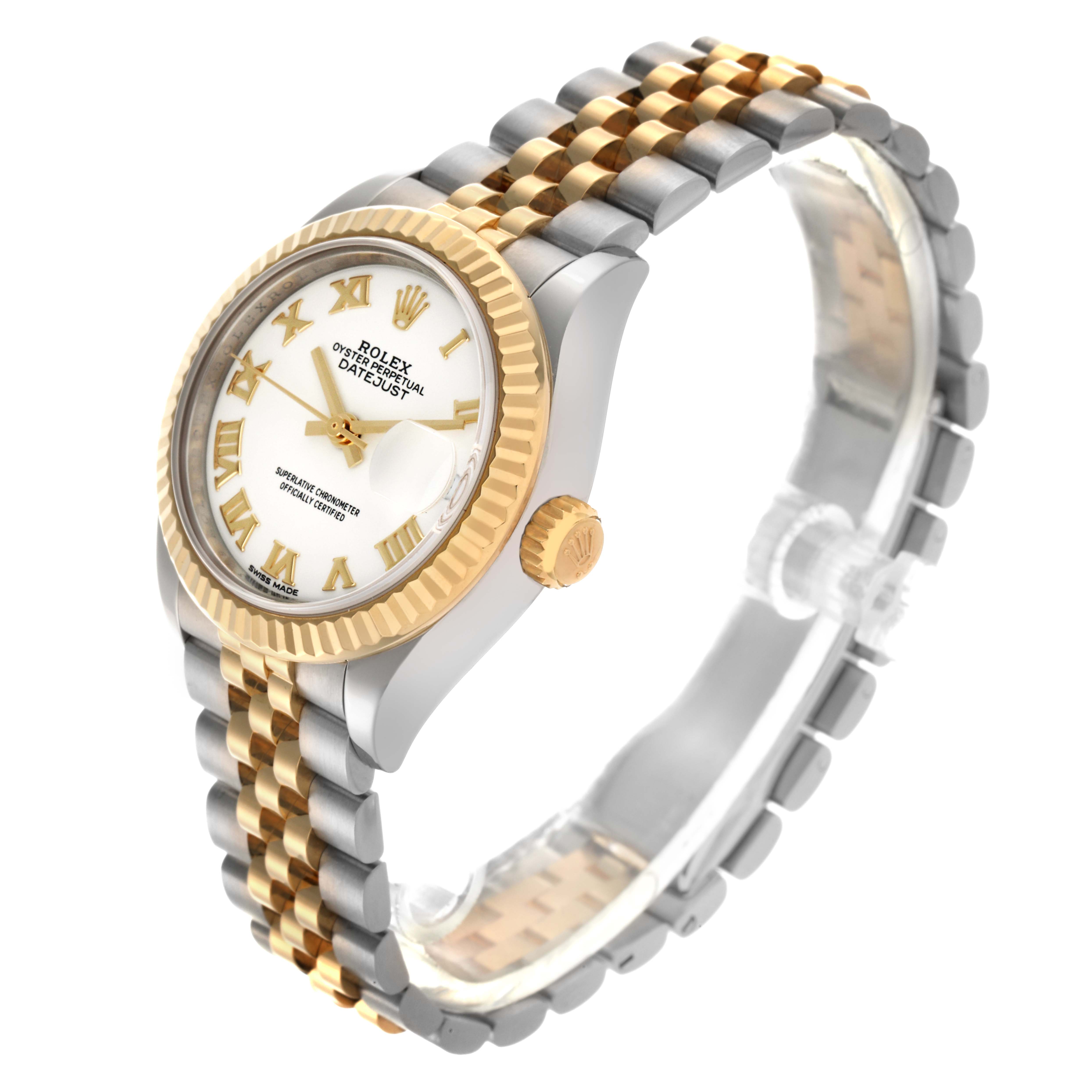 The Rolex Datejust 279173 Women
s Steel and Gold (two tone) White Dial 279173 Women
s Steel and Gold (two tone) White Dial watch is shown at a side angle, highlighting the gold bezel, crown, and the two-tone bracelet.