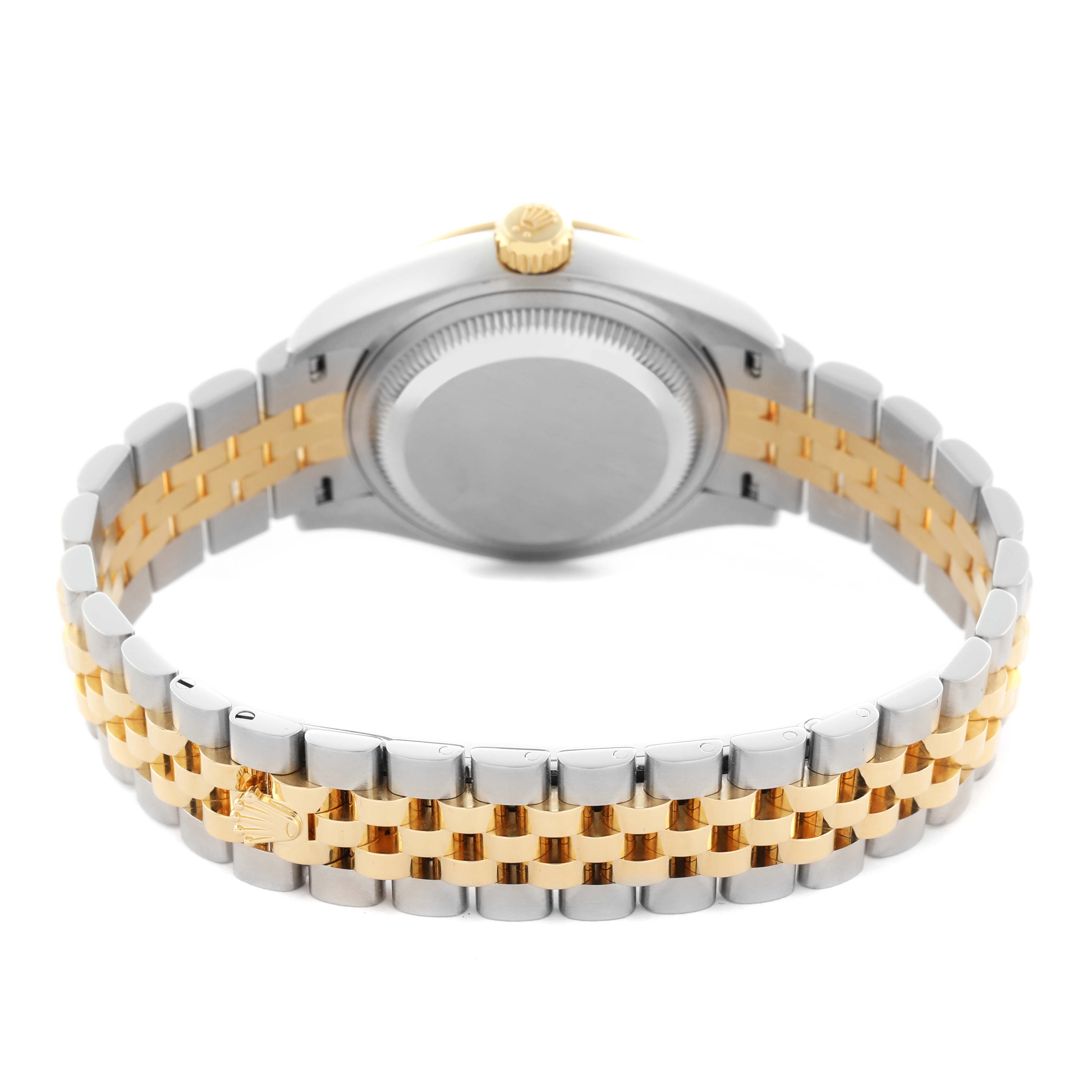 The image shows the back view of a Rolex Datejust 279173 Women
s Steel and Gold (two tone) White Dial 279173 Women
s Steel and Gold (two tone) White Dial watch, highlighting its two-tone bracelet and case back.