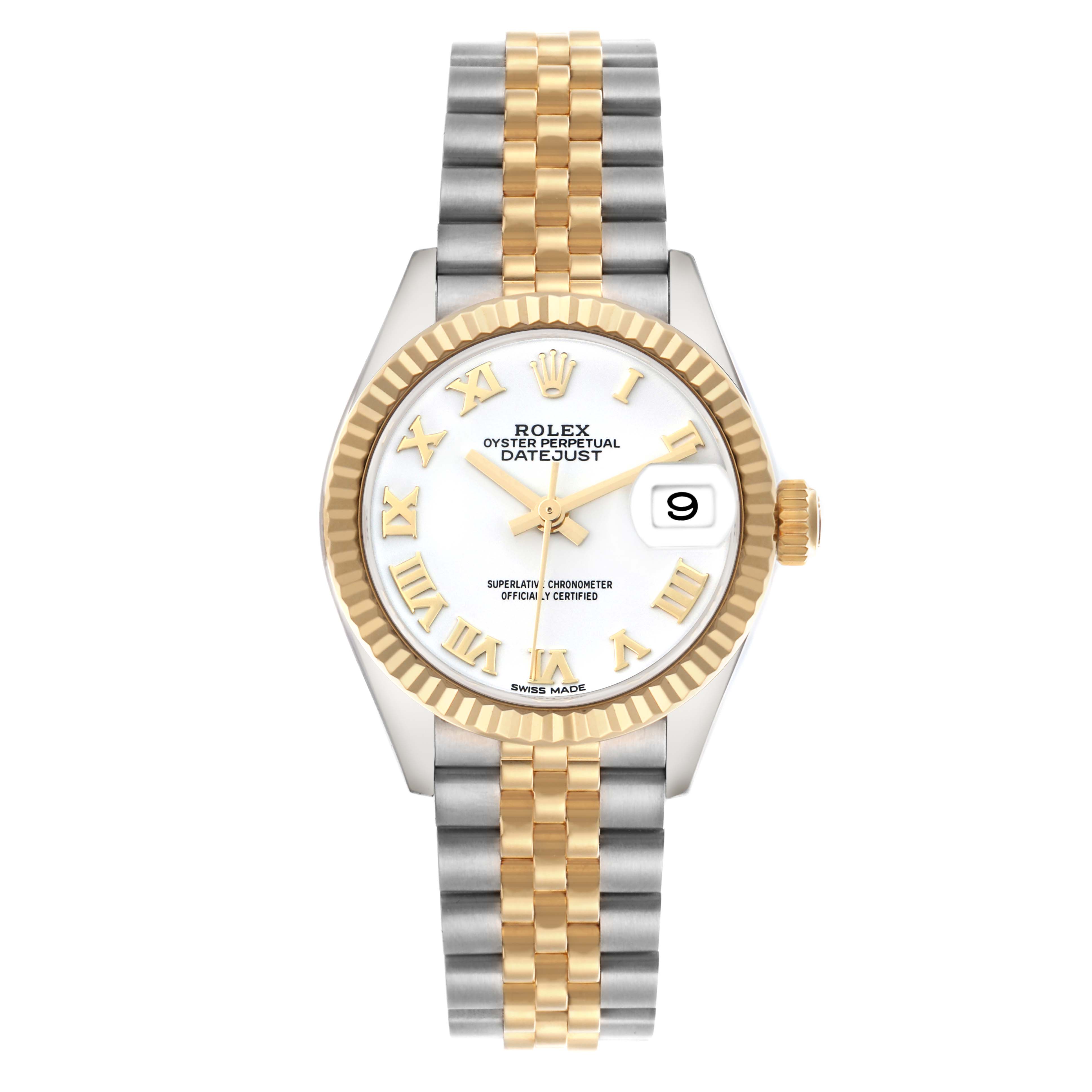 The Rolex Datejust 279173 Women
s Steel and Gold (two tone) White Dial 279173 Women
s Steel and Gold (two tone) White Dial watch is shown from a front angle displaying the bezel, dial, hands, bracelet, and crown.