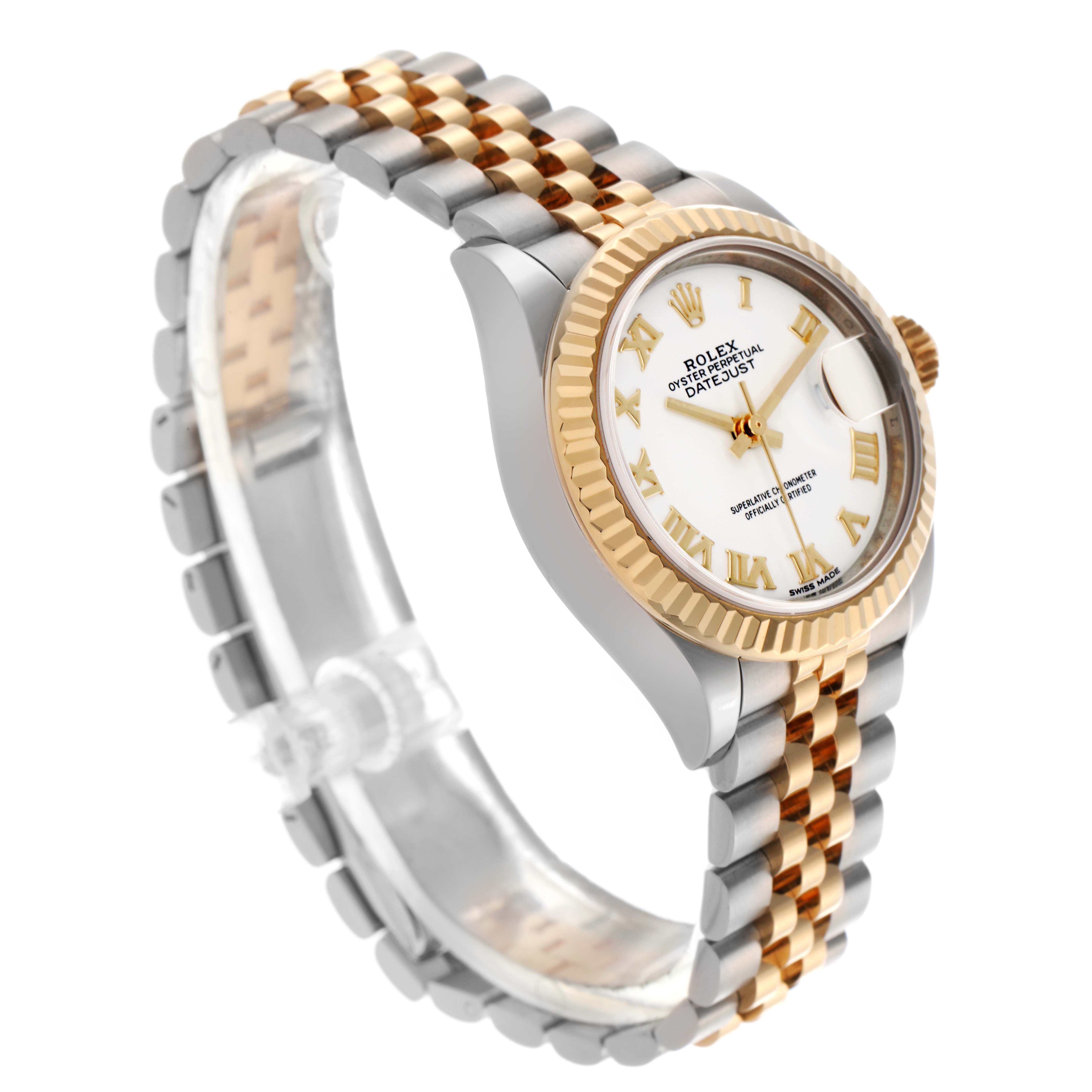 This image shows a Rolex Datejust 279173 Women
s Steel and Gold (two tone) White Dial 279173 Women
s Steel and Gold (two tone) White Dial watch at a three-quarter angle, highlighting the two-tone bracelet, fluted bezel, and dial.
