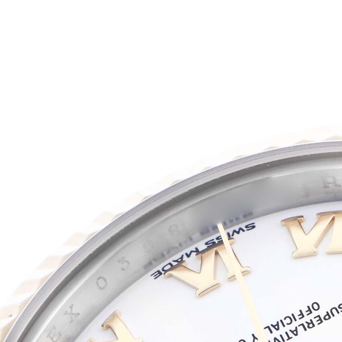 The image shows a partial close-up of the Rolex Datejust 279173 Women
s Steel and Gold (two tone) White Dial 279173 Women
s Steel and Gold (two tone) White Dial watch dial, highlighting Roman numerals and part of the bezel.