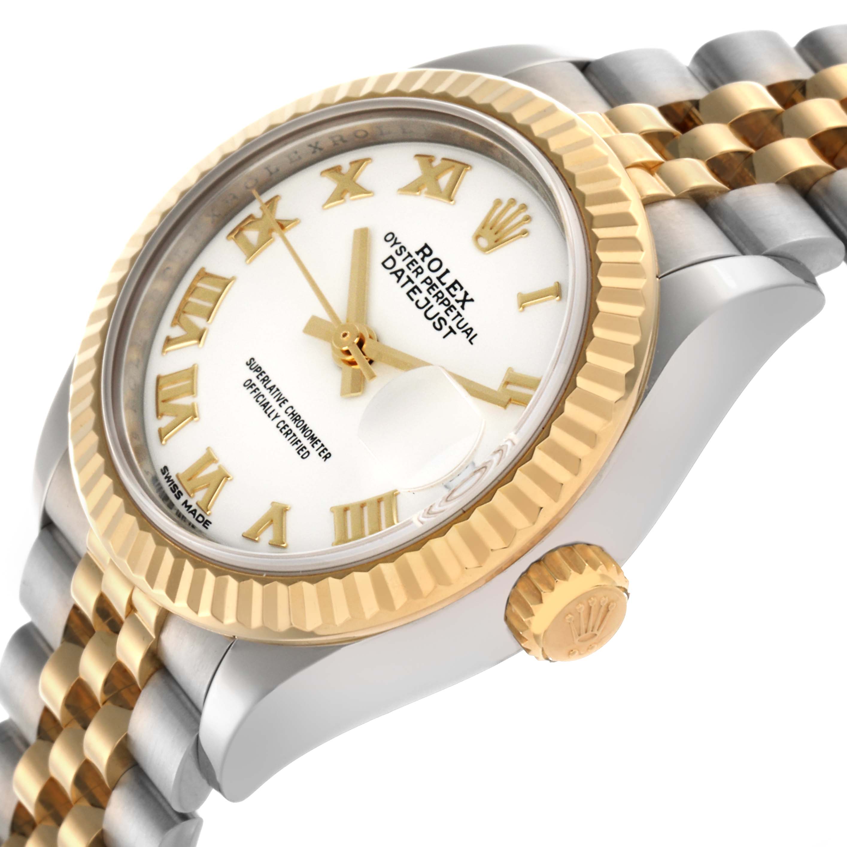 The Rolex Datejust 279173 Women
s Steel and Gold (two tone) White Dial 279173 Women
s Steel and Gold (two tone) White Dial watch is shown at a three-quarter angle, highlighting the bezel, crown, dial, and jubilee bracelet.