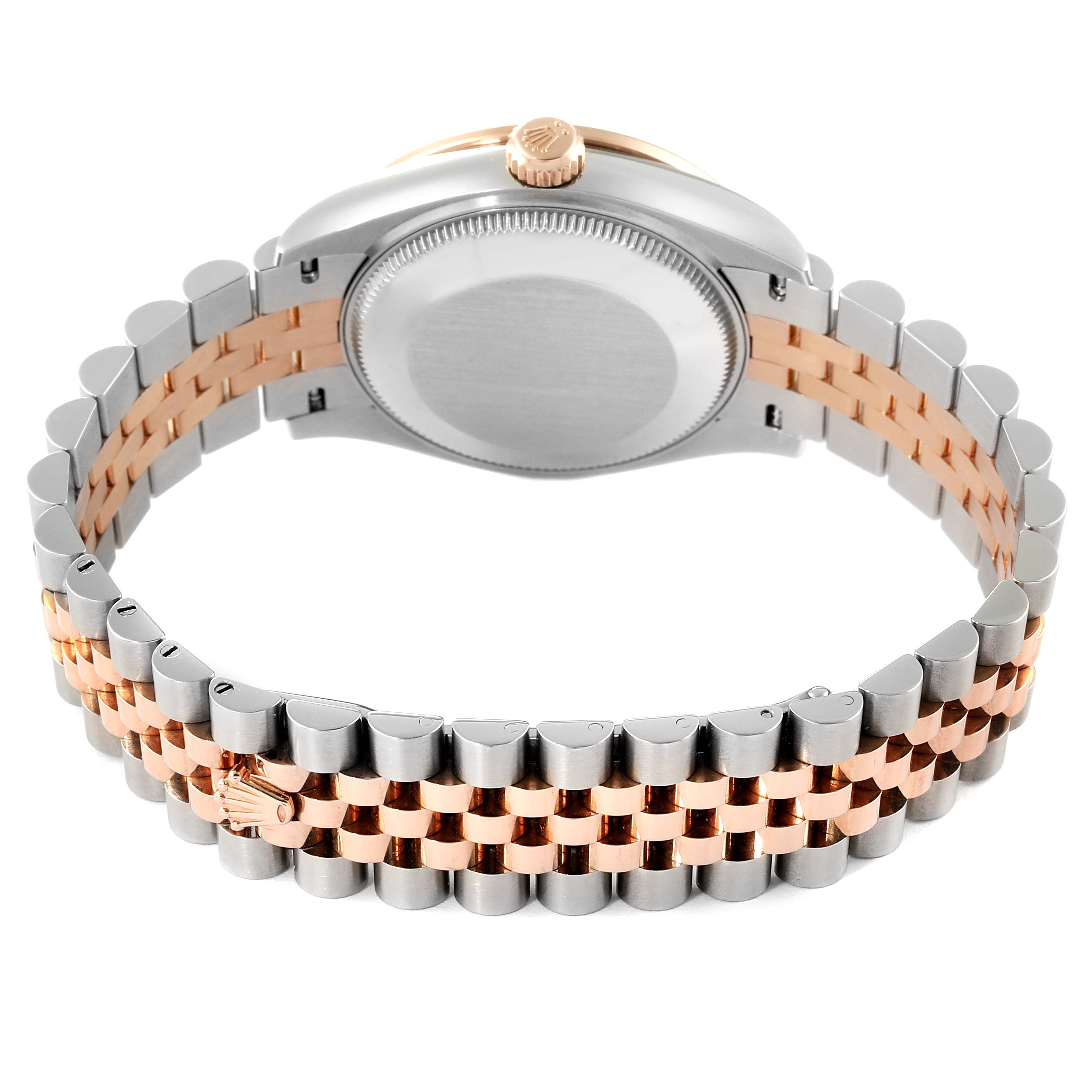 This image shows the back case and two-tone bracelet of a Rolex Mid-Size 278381 Women's Steel and Gold (two tone) Purple Dial 278381 Women's Steel and Gold (two tone) Purple Dial model watch from a rear angle.