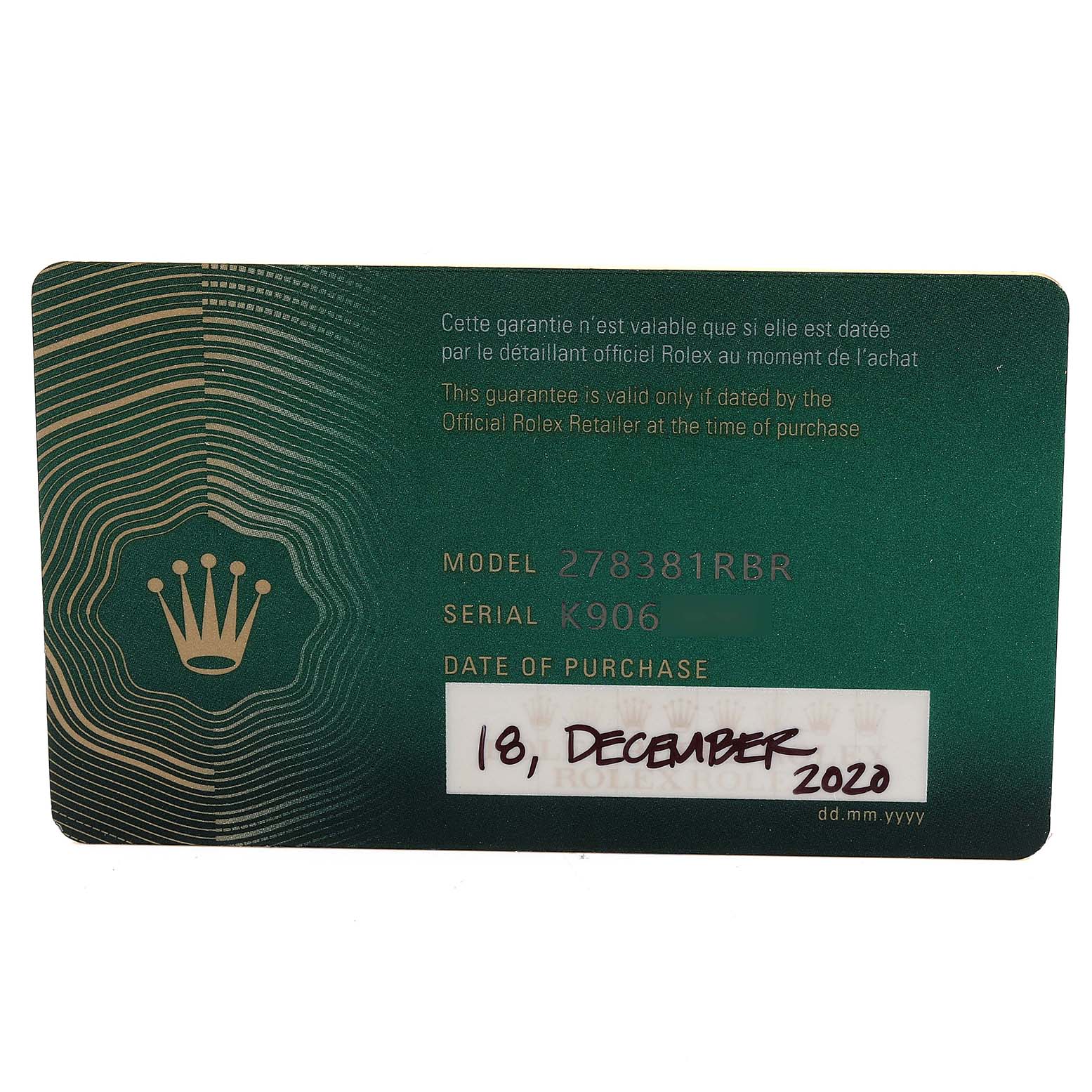 The image shows a guarantee card for the Rolex Mid-Size 278381 Women's Steel and Gold (two tone) Purple Dial 278381 Women's Steel and Gold (two tone) Purple Dial model 278381RBR at a straight-on angle.