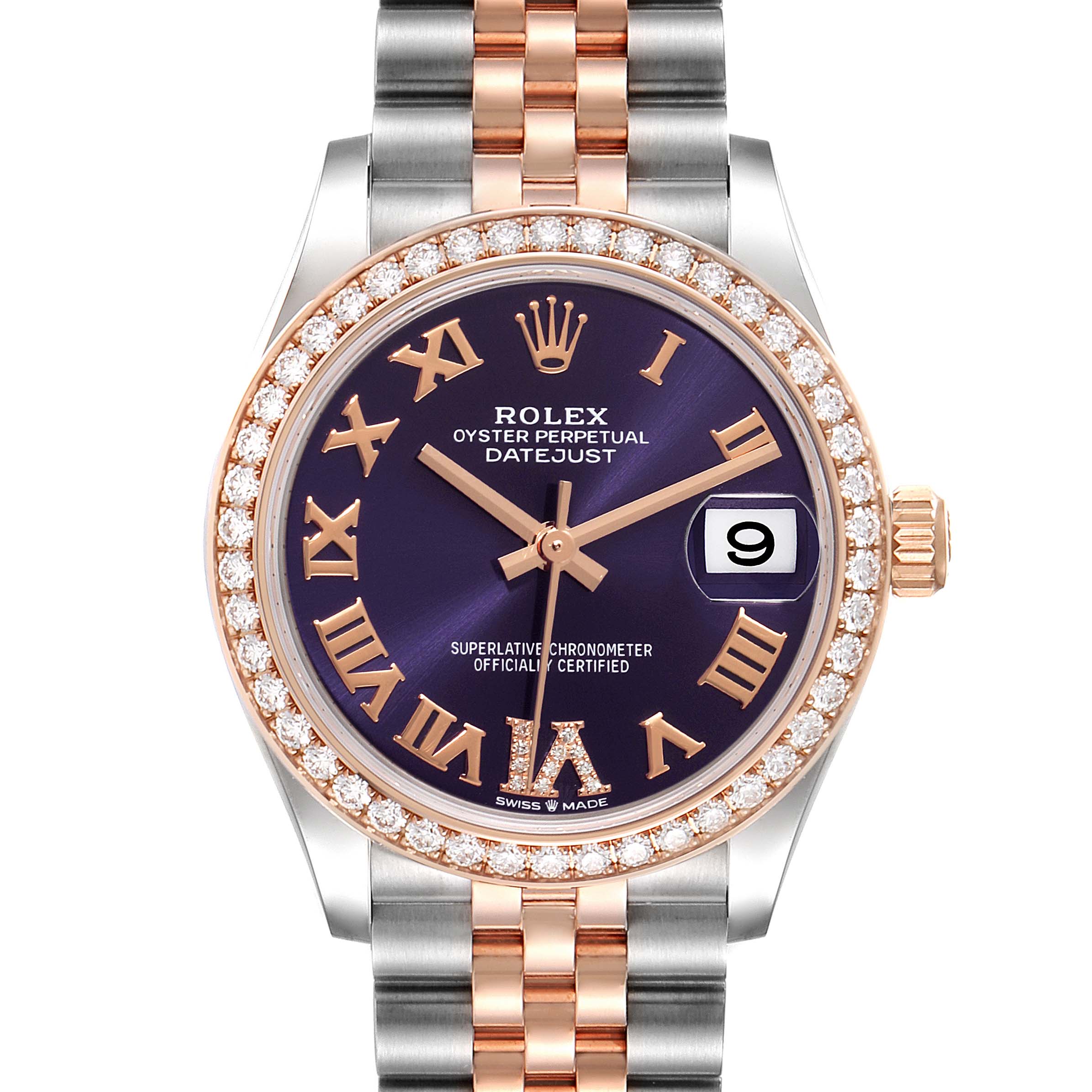 This image shows a front view of a Rolex Oyster Perpetual Datejust Mid-Size watch, featuring a diamond bezel and a two-tone bracelet.