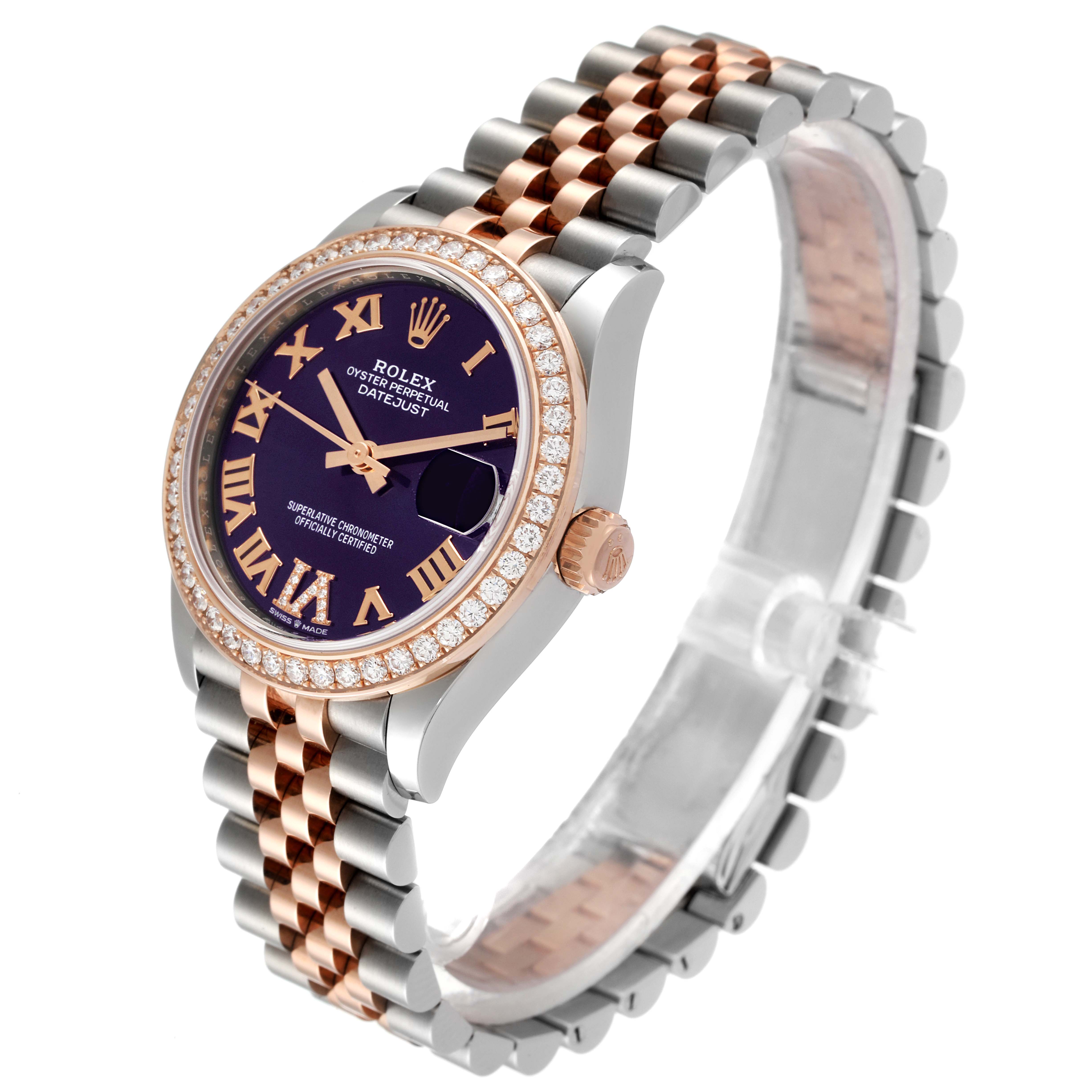The image shows a side-angle view of the Rolex Mid-Size 278381 Women's Steel and Gold (two tone) Purple Dial 278381 Women's Steel and Gold (two tone) Purple Dial model watch, highlighting the bezel, dial, crown, and bracelet.