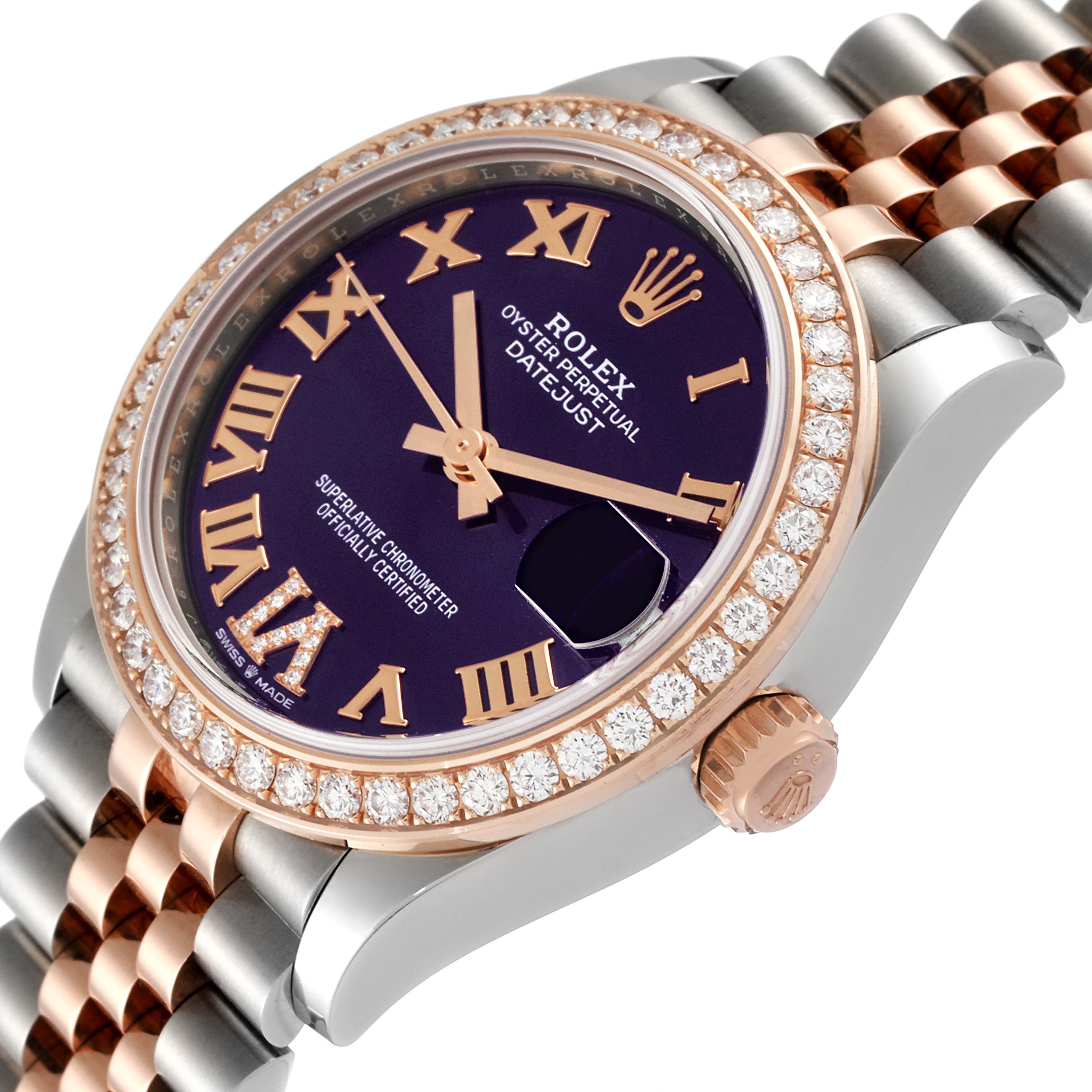 This image shows a close-up angled view of a Rolex Mid-Size 278381 Women's Steel and Gold (two tone) Purple Dial 278381 Women's Steel and Gold (two tone) Purple Dial Oyster Perpetual Datejust, highlighting the dial, bezel, and part of the bracelet.