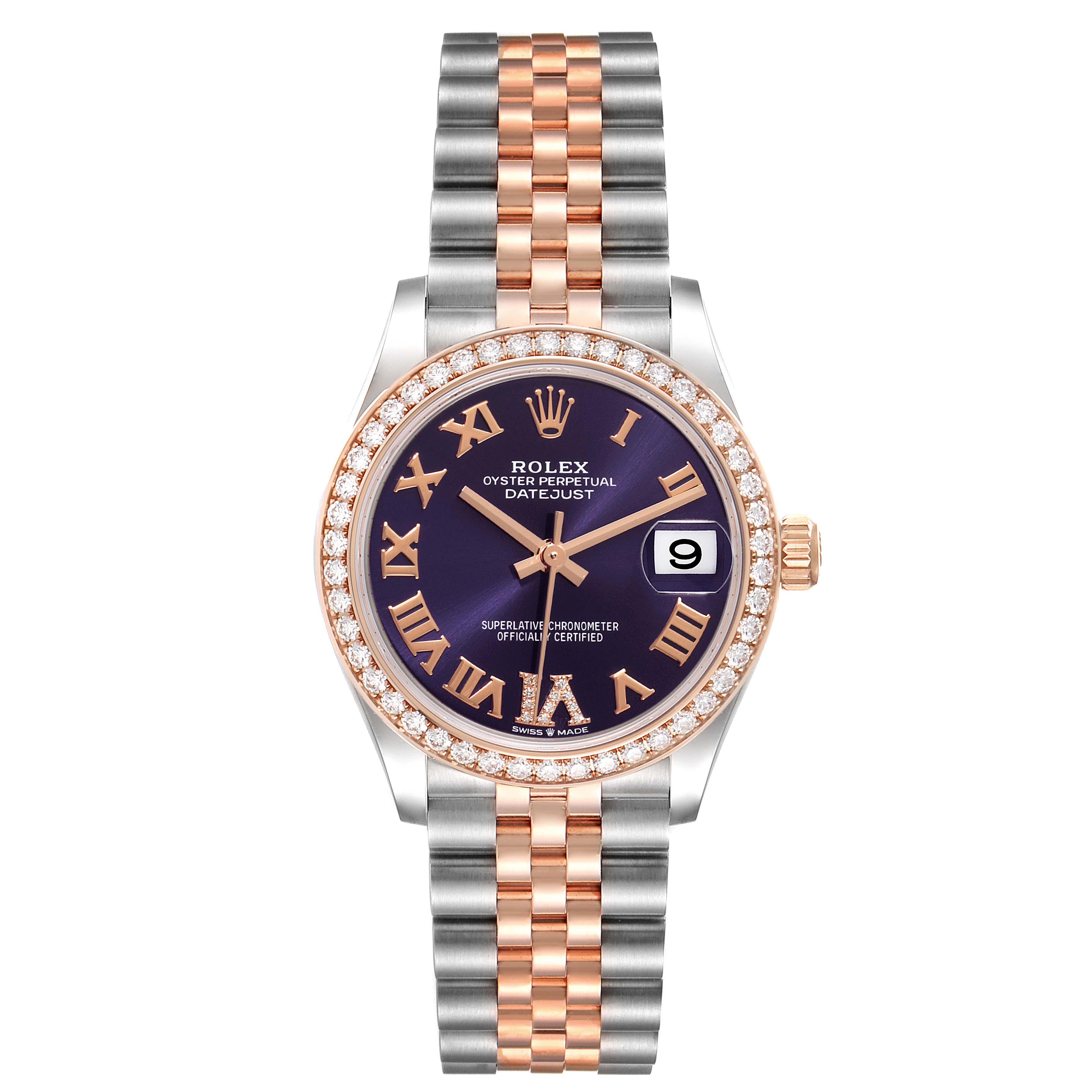 This image shows a frontal view of the Rolex Mid-Size 278381 Women's Steel and Gold (two tone) Purple Dial 278381 Women's Steel and Gold (two tone) Purple Dial Datejust watch, highlighting its bezel, dial, hands, bracelet, and date window.