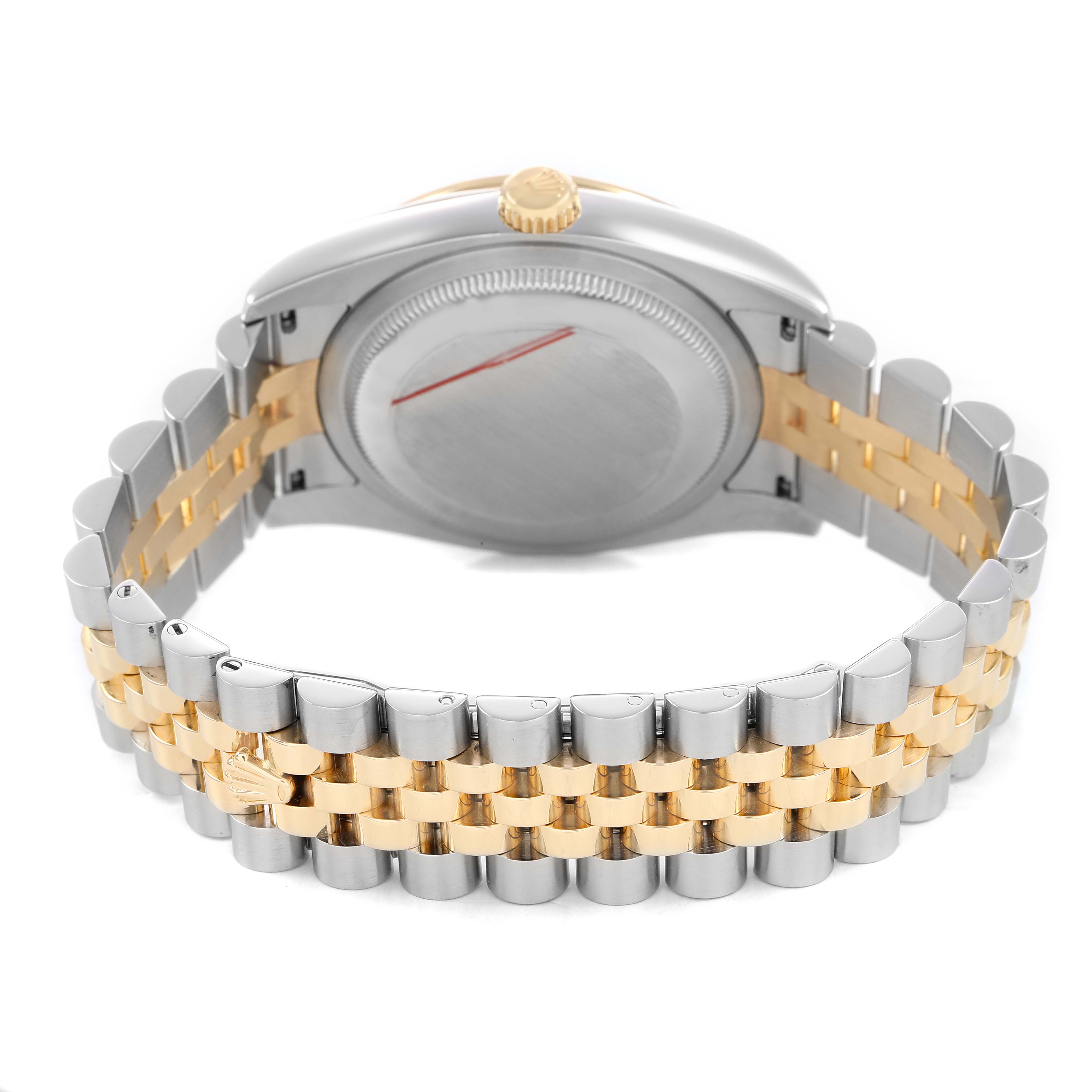 The image shows the back of a Rolex Datejust 116243 Men's Stainless Steel Champagne Dial watch, highlighting the case back and two-tone bracelet from a rear angle.