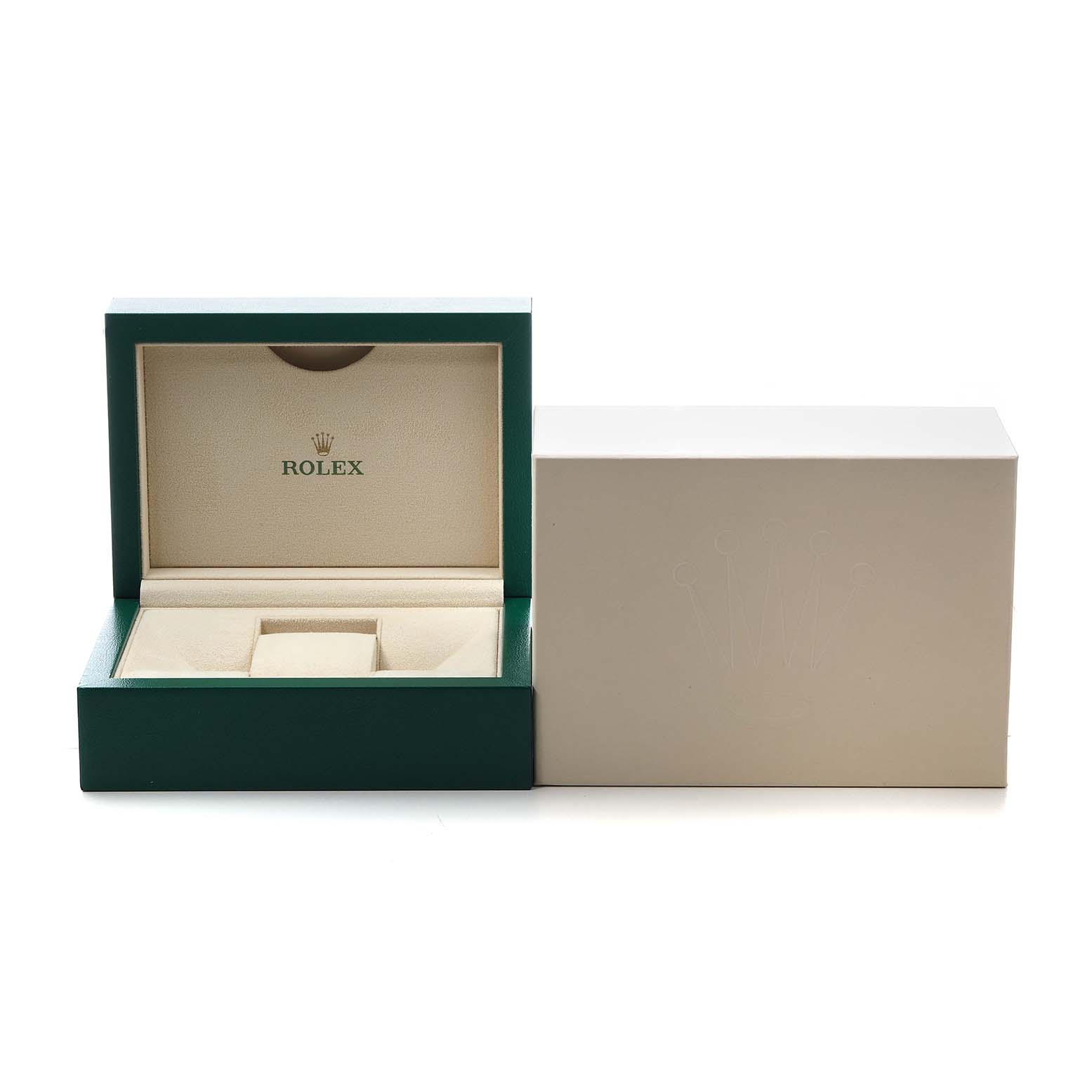 The image shows an open Rolex Datejust 116243 Men's Stainless Steel Champagne Dial watch box at a full frontal angle, alongside its outer cardboard sleeve.