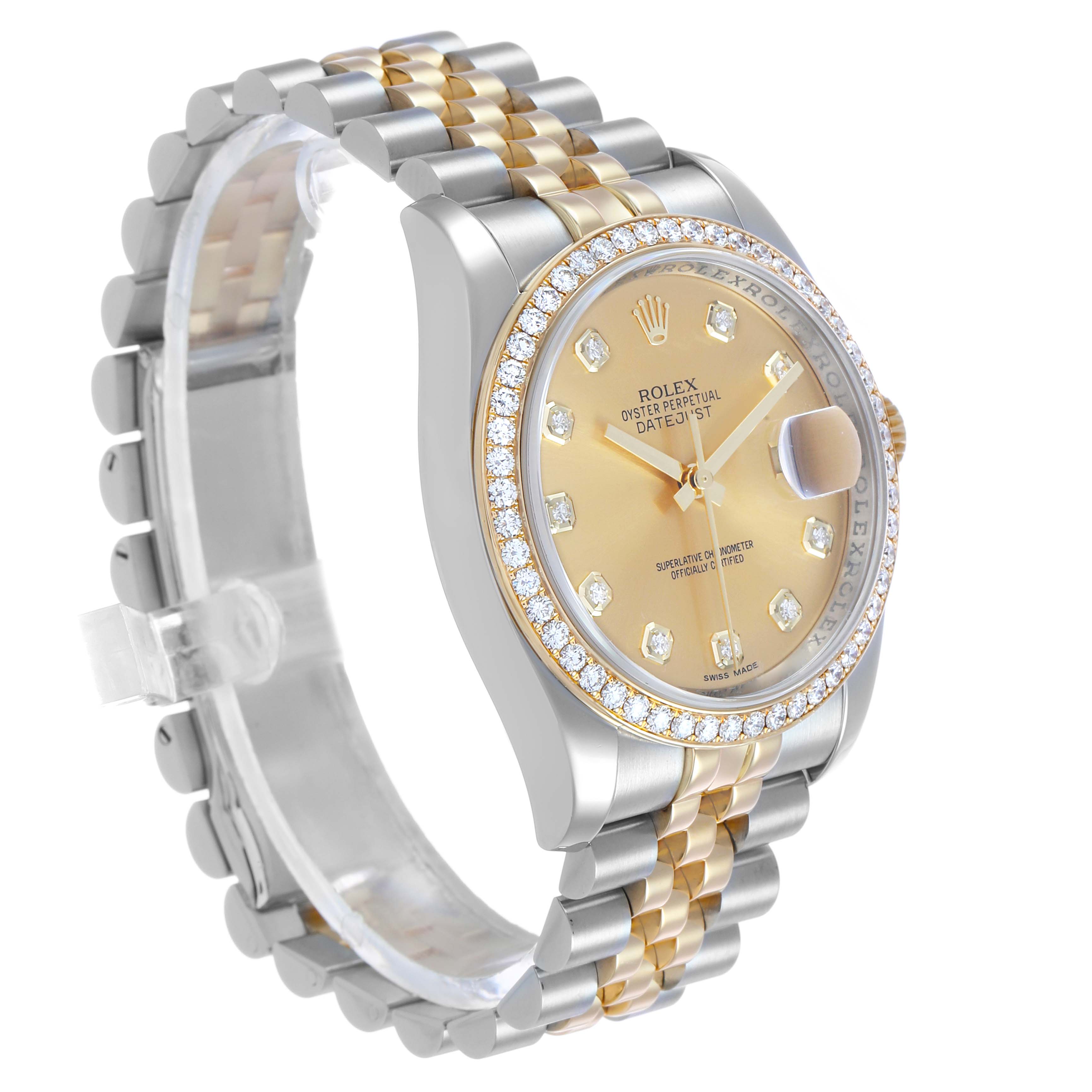 The Rolex Datejust 116243 Men's Stainless Steel Champagne Dial is shown at a three-quarter angle, highlighting the face, bezel, and bracelet.
