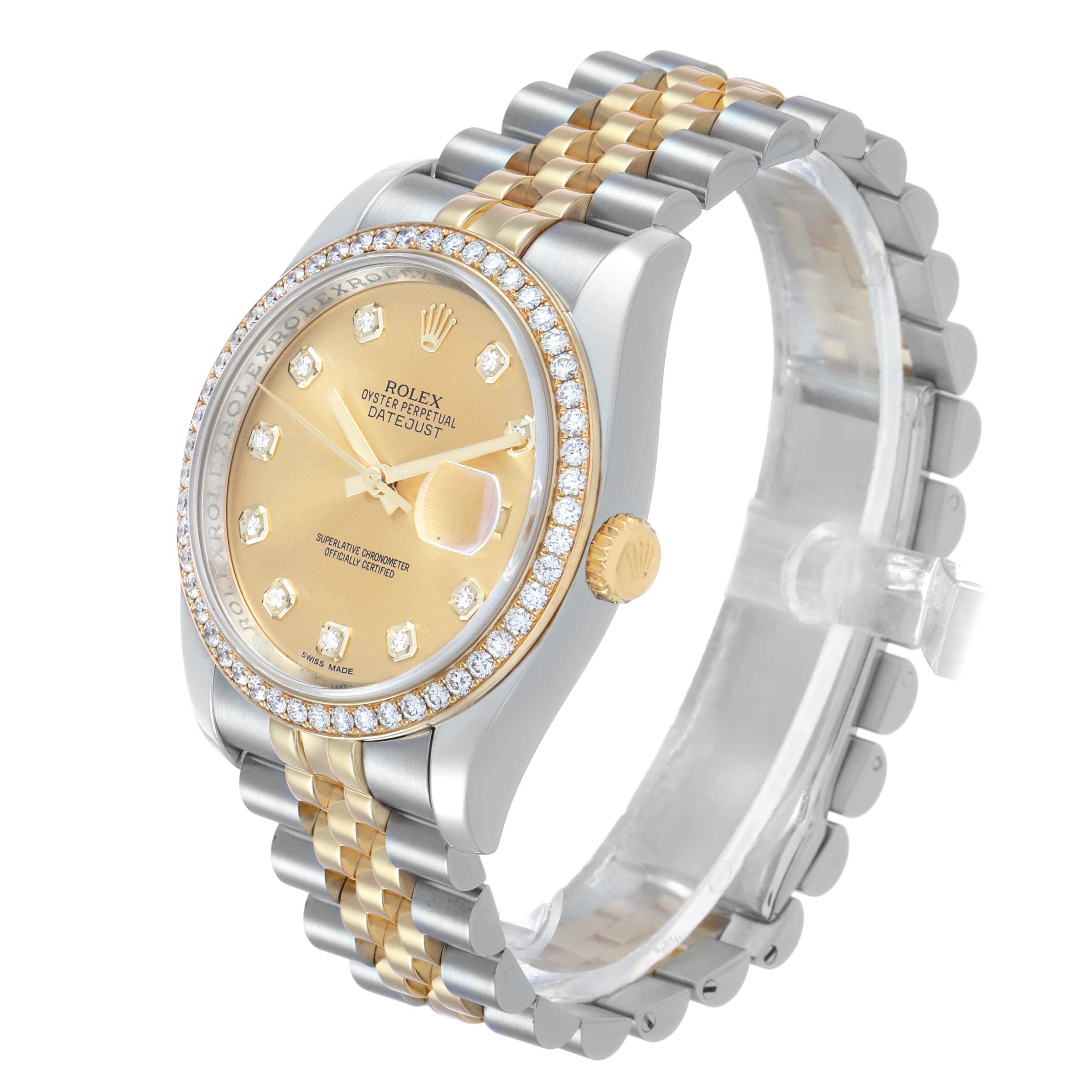 The image shows a Rolex Datejust 116243 Men's Stainless Steel Champagne Dial watch at a three-quarter angle, highlighting the face, bezel, crown, and bracelet.