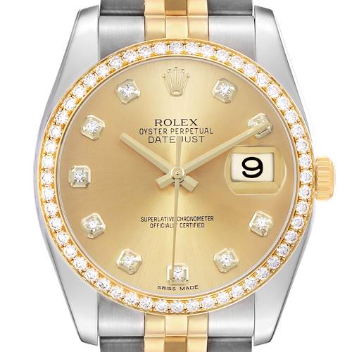 The Rolex Datejust 116243 Men's Stainless Steel Champagne Dial watch is shown from the front, highlighting its gold dial, diamond markers, jubilee bracelet, and date window.