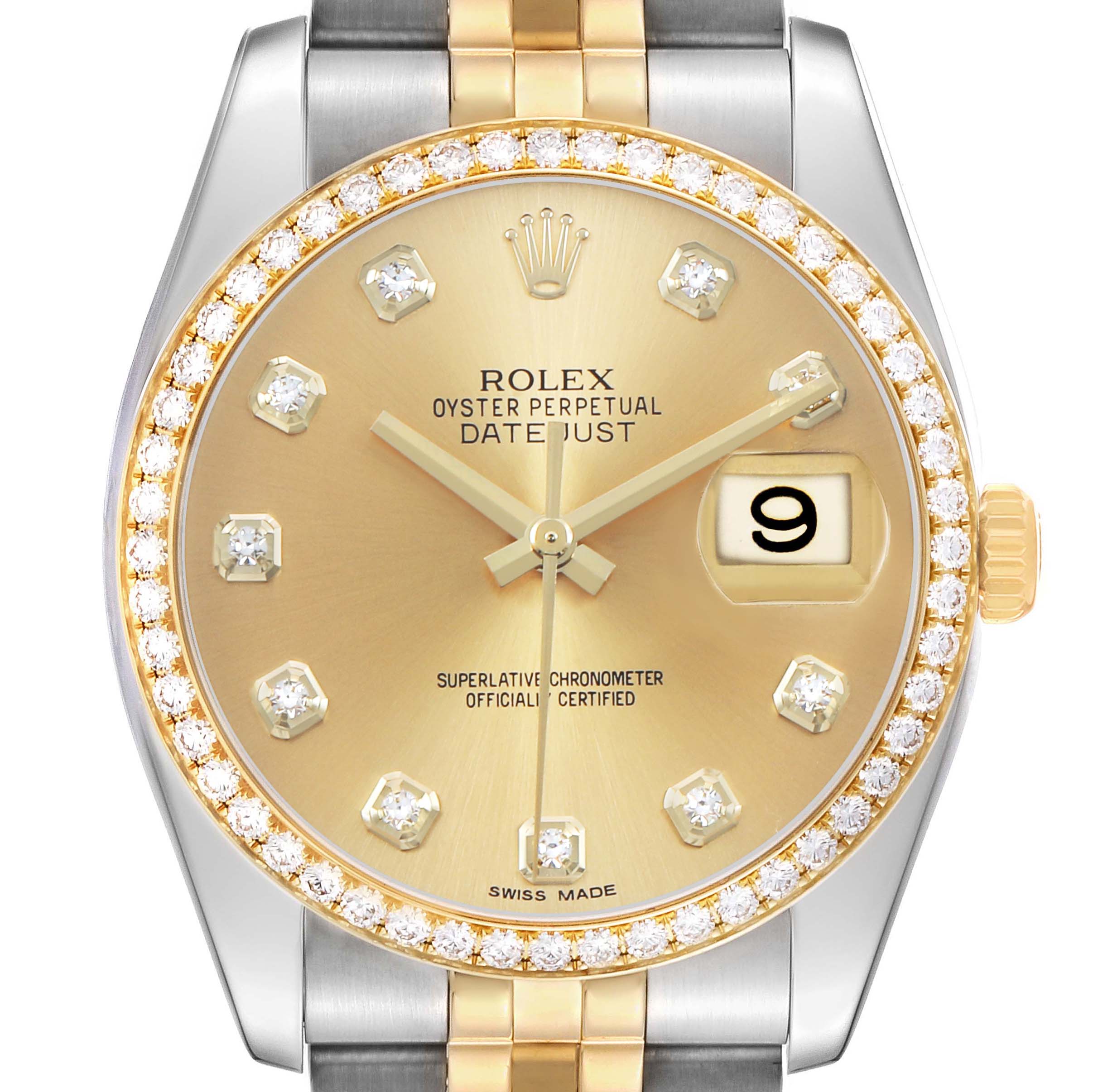 The Rolex Datejust 116243 Men's Stainless Steel Champagne Dial watch is shown from the front, highlighting the gold dial, diamond bezel, and two-tone bracelet.