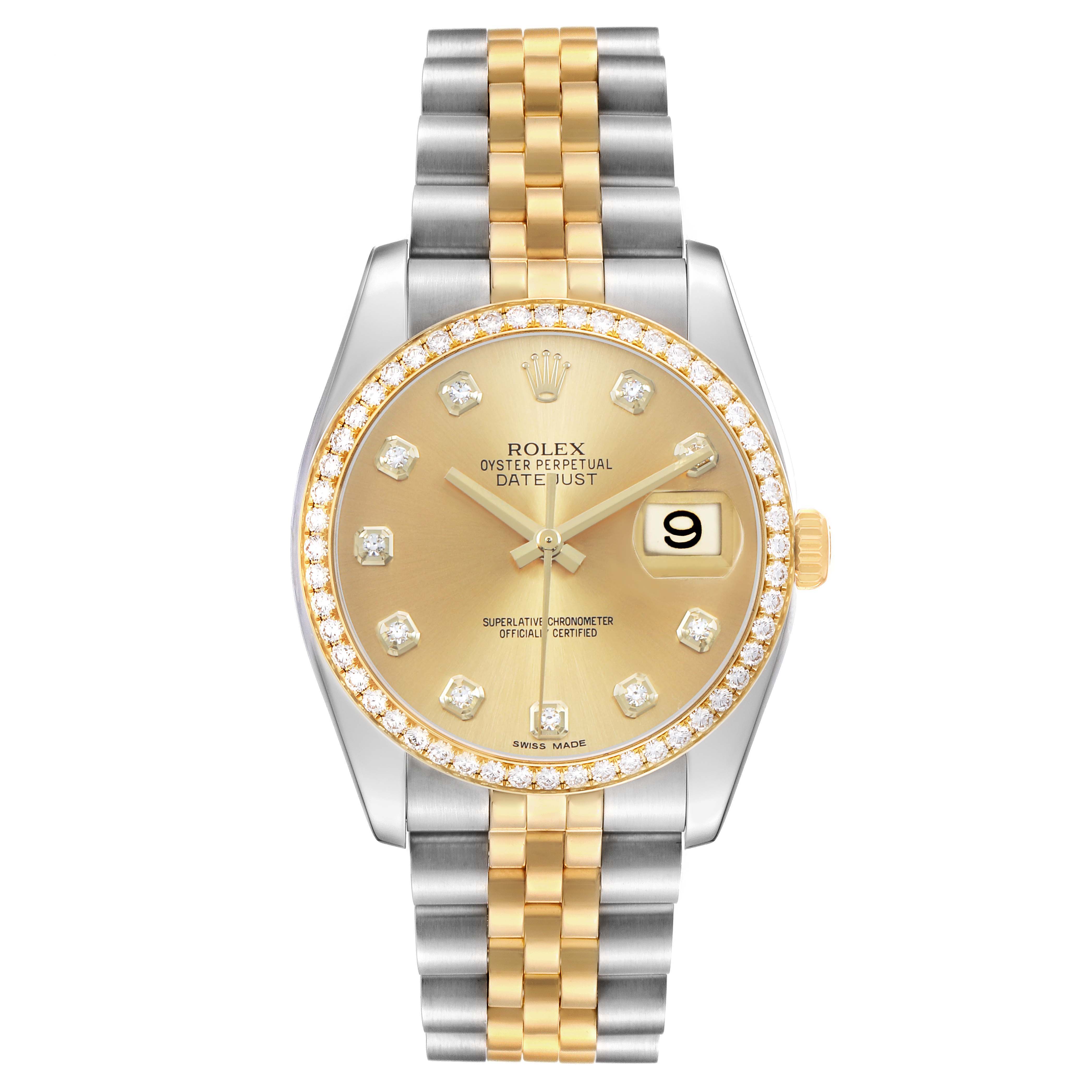 The Rolex Datejust 116243 Men's Stainless Steel Champagne Dial watch is shown from a top-down angle, displaying the dial, bezel, and two-tone bracelet.