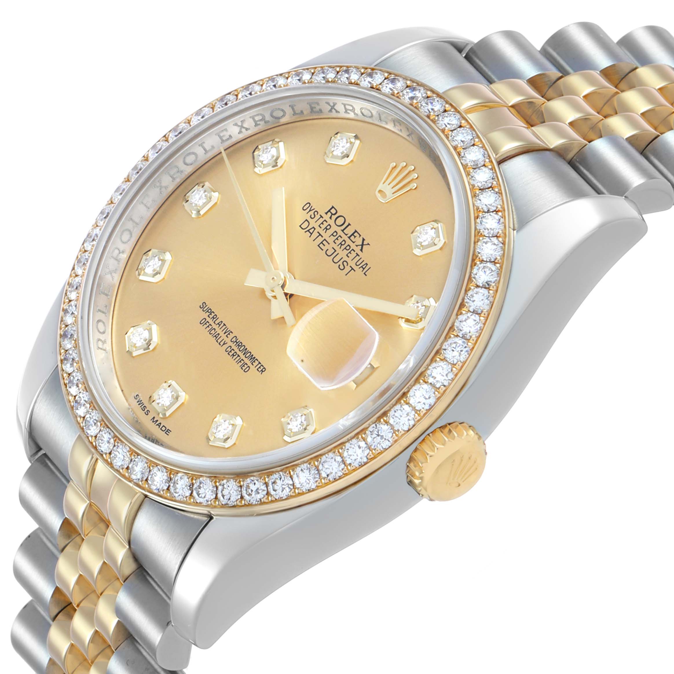 The Rolex Datejust 116243 Men's Stainless Steel Champagne Dial watch is shown at a three-quarter angle, displaying the dial, bezel, crown, and part of the two-tone bracelet.