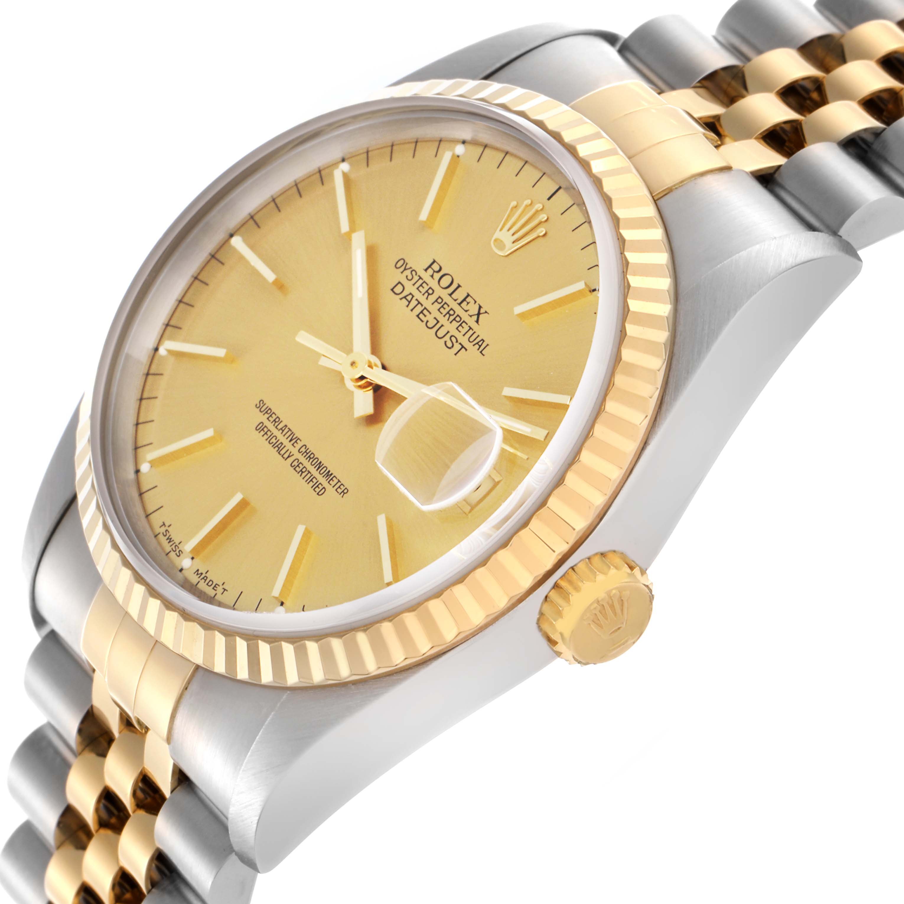 The Rolex Datejust 16233 Men
s Steel and Gold (two tone) Champagne Dial 16233 Men
s Steel and Gold (two tone) Champagne Dial watch is shown from an angled side view, highlighting the dial, fluted bezel, and Jubilee bracelet.